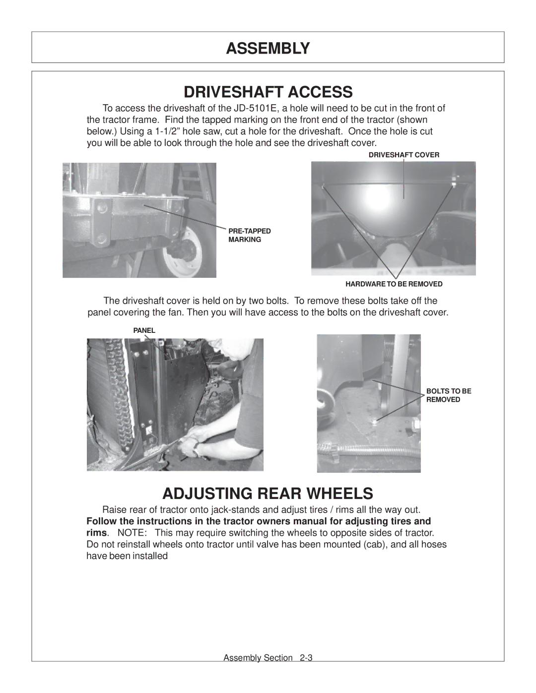 Tiger JD 5083E, JD 5101E, JD 5093E manual Assembly Driveshaft Access, Adjusting Rear Wheels 