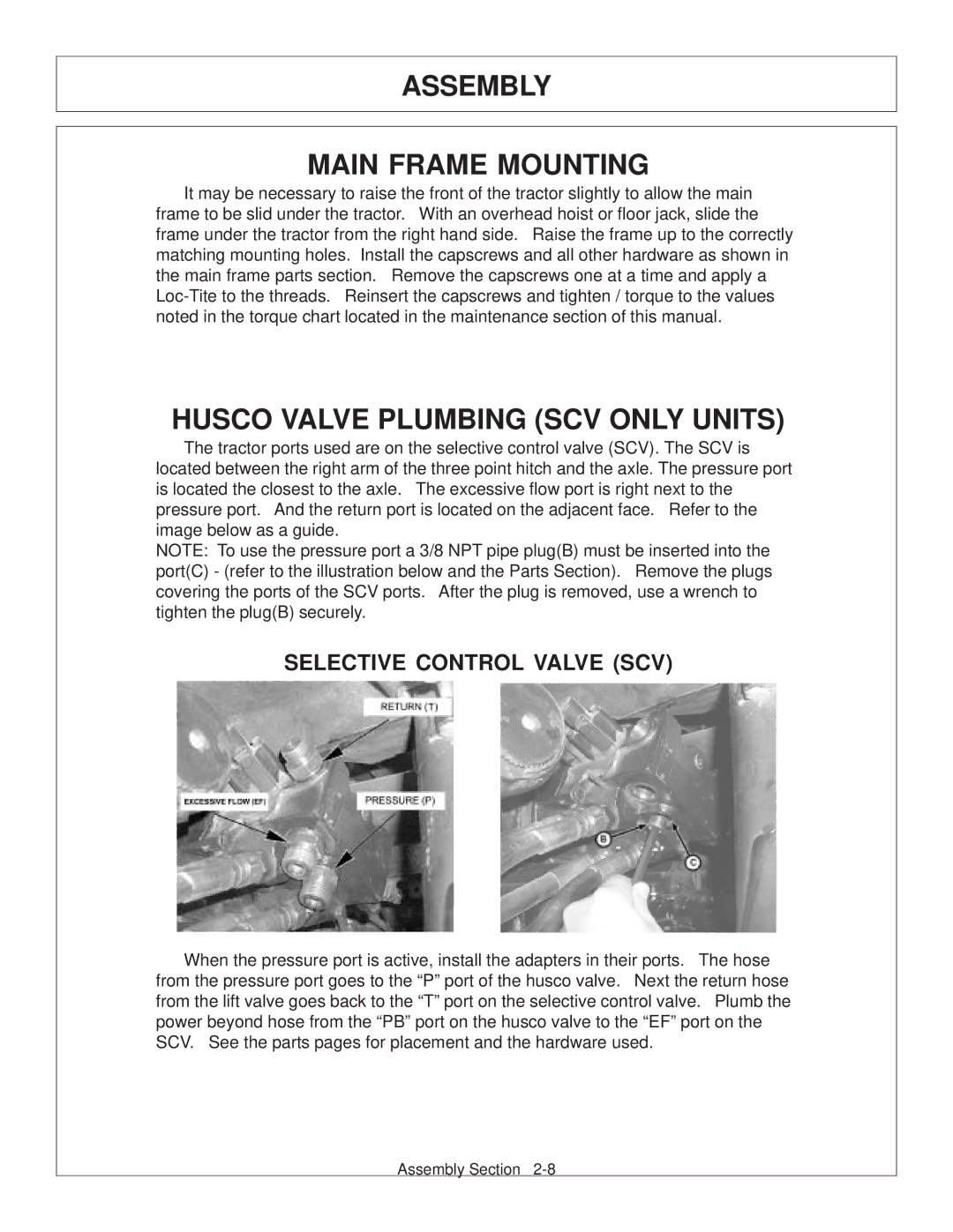 Tiger JD 5093E, JD 5083E, JD 5101E manual Assembly Main Frame Mounting, Husco Valve Plumbing SCV only Units 