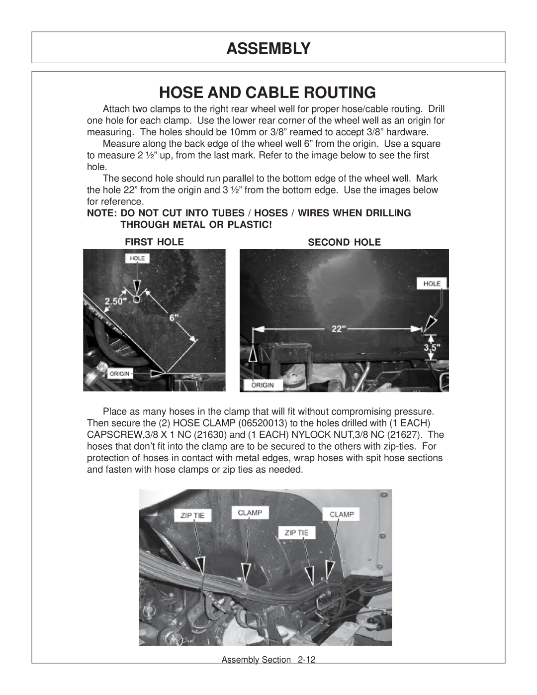 Tiger JD 5083E, JD 5101E, JD 5093E manual Assembly Hose and Cable Routing, First Hole Second Hole 