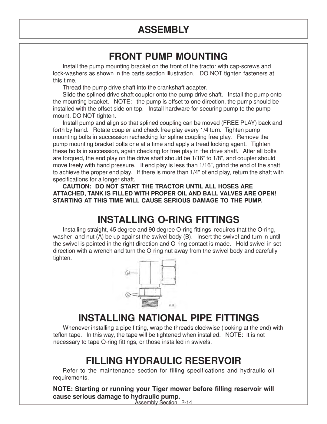 Tiger JD 5093E, JD 5083E manual Assembly Front Pump Mounting, Installing O-RING Fittings, Installing National Pipe Fittings 