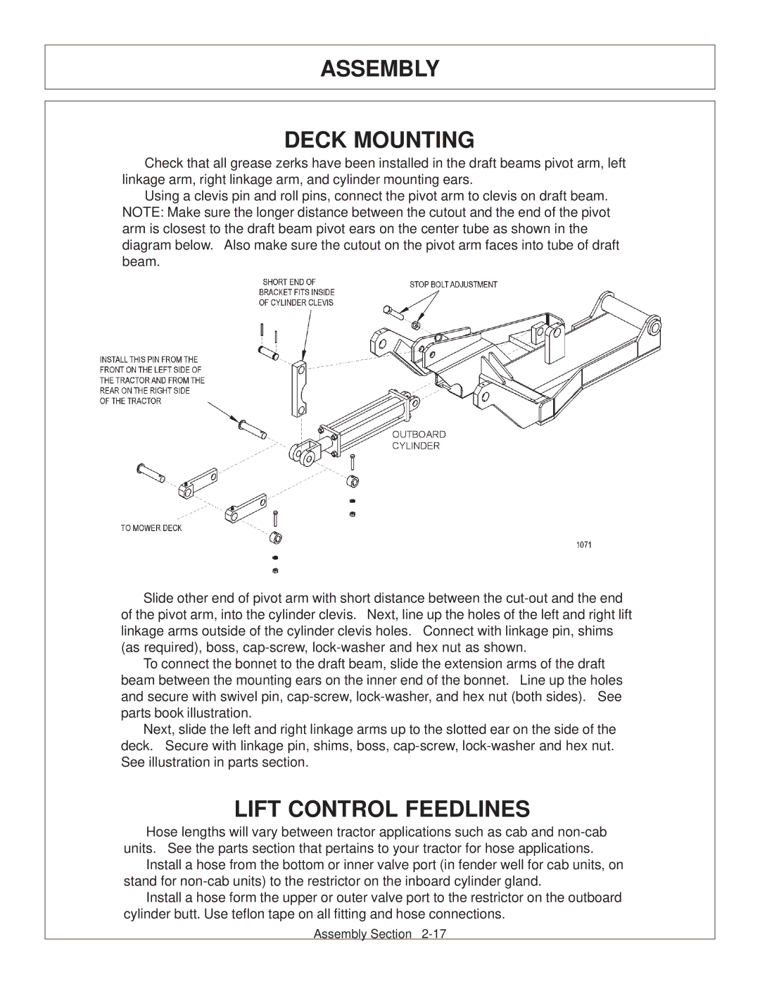 Tiger JD 5093E, JD 5083E, JD 5101E manual Assembly Deck Mounting, Lift Control Feedlines 