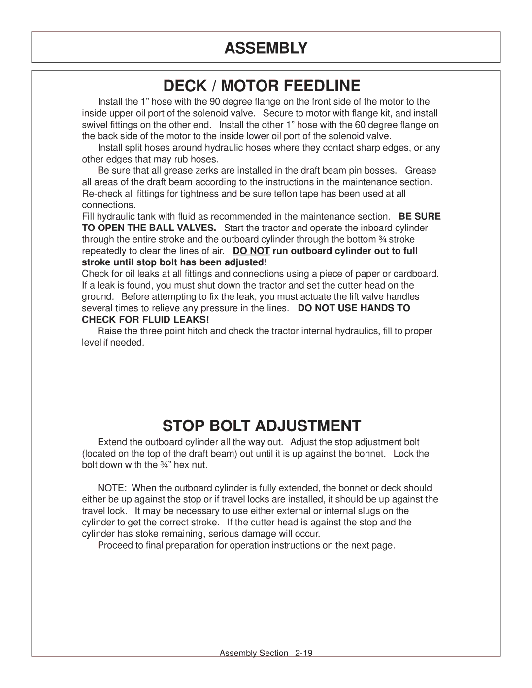 Tiger JD 5101E, JD 5083E, JD 5093E manual Assembly Deck / Motor Feedline, Stop Bolt Adjustment 