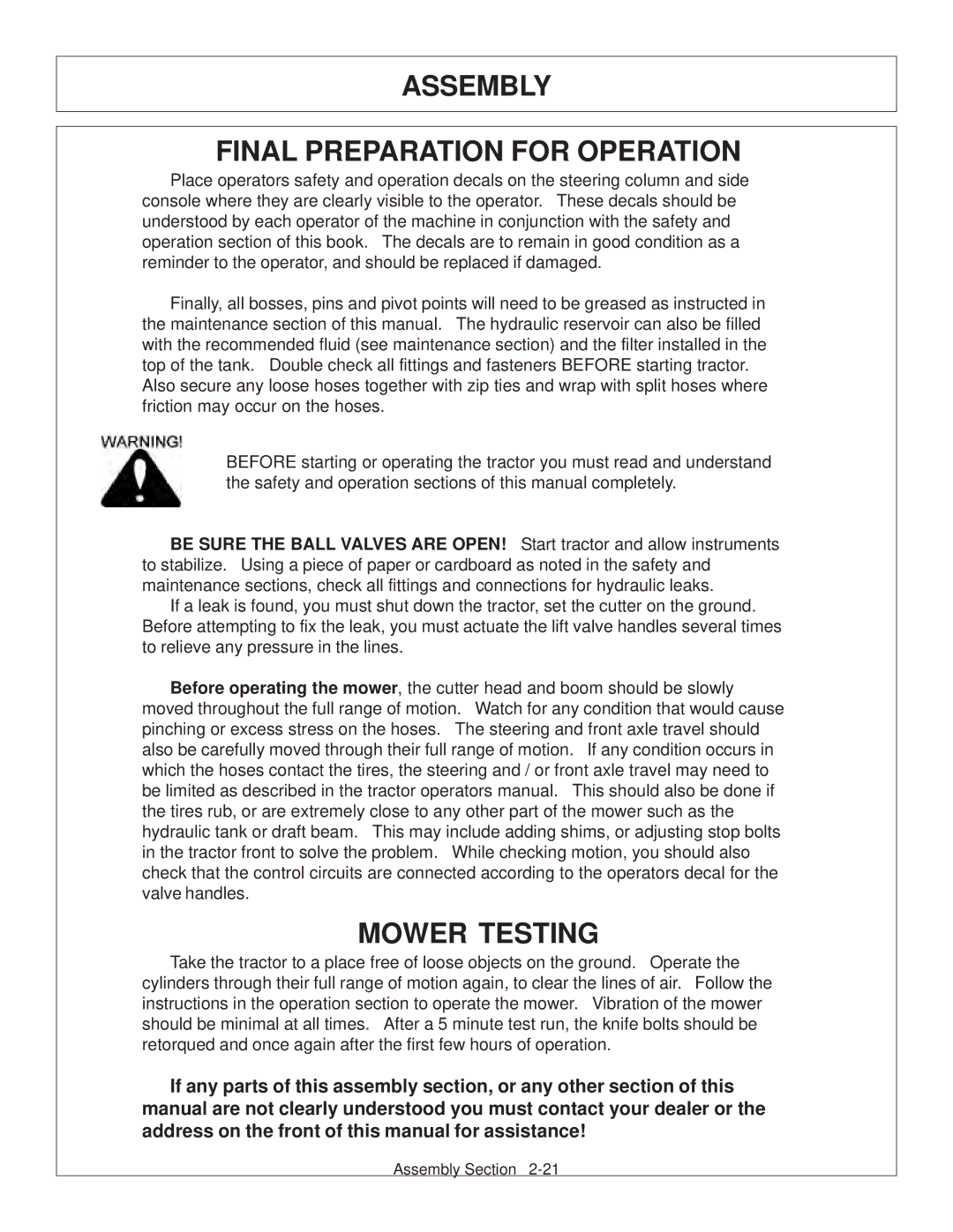 Tiger JD 5083E, JD 5101E, JD 5093E manual Assembly Final Preparation for Operation, Mower Testing 