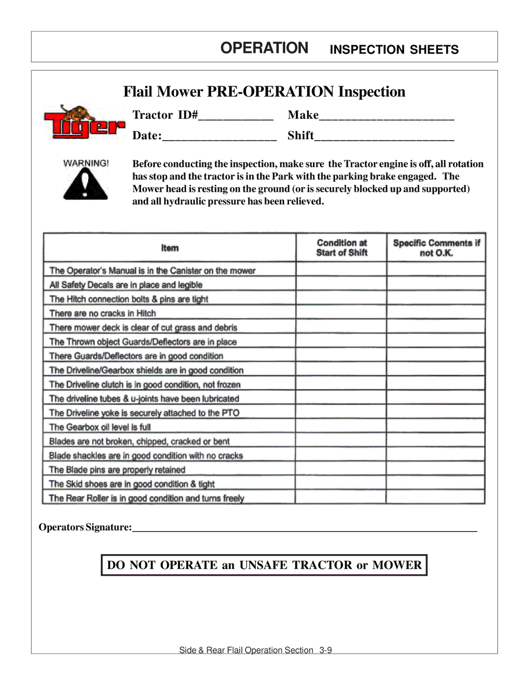 Tiger JD 5101E, JD 5083E, JD 5093E manual Flail Mower PRE-OPERATION Inspection 