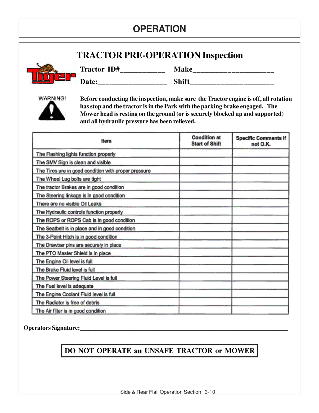 Tiger JD 5093E, JD 5083E, JD 5101E manual Tractor PRE-OPERATION Inspection 