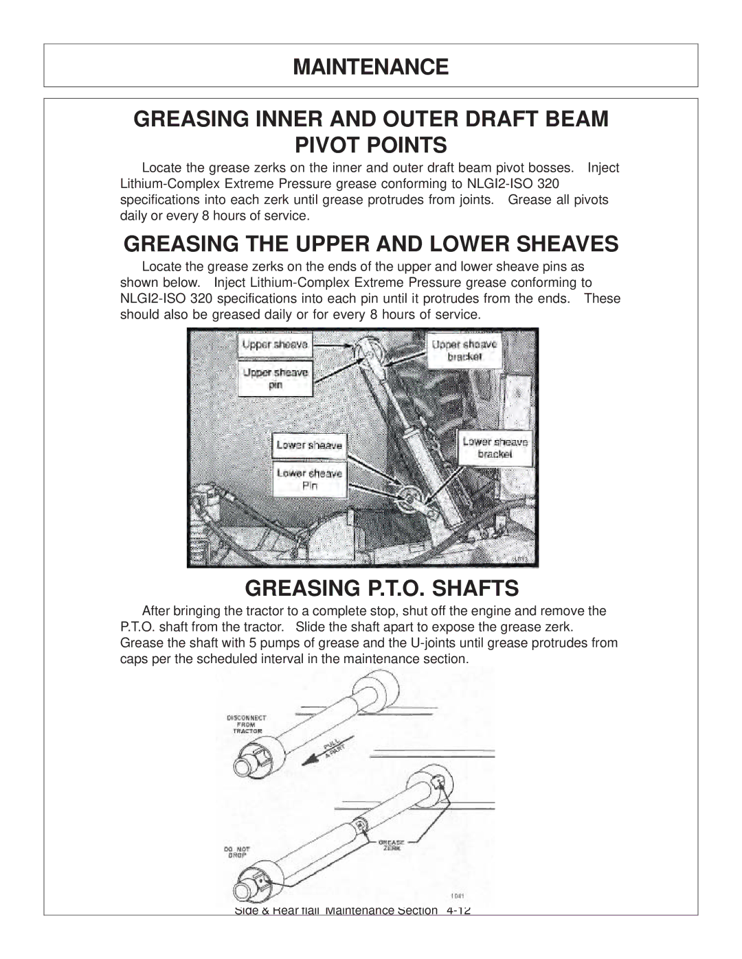 Tiger JD 5101E, JD 5083E, JD 5093E manual Greasing the Upper and Lower Sheaves, Greasing P.T.O. Shafts 