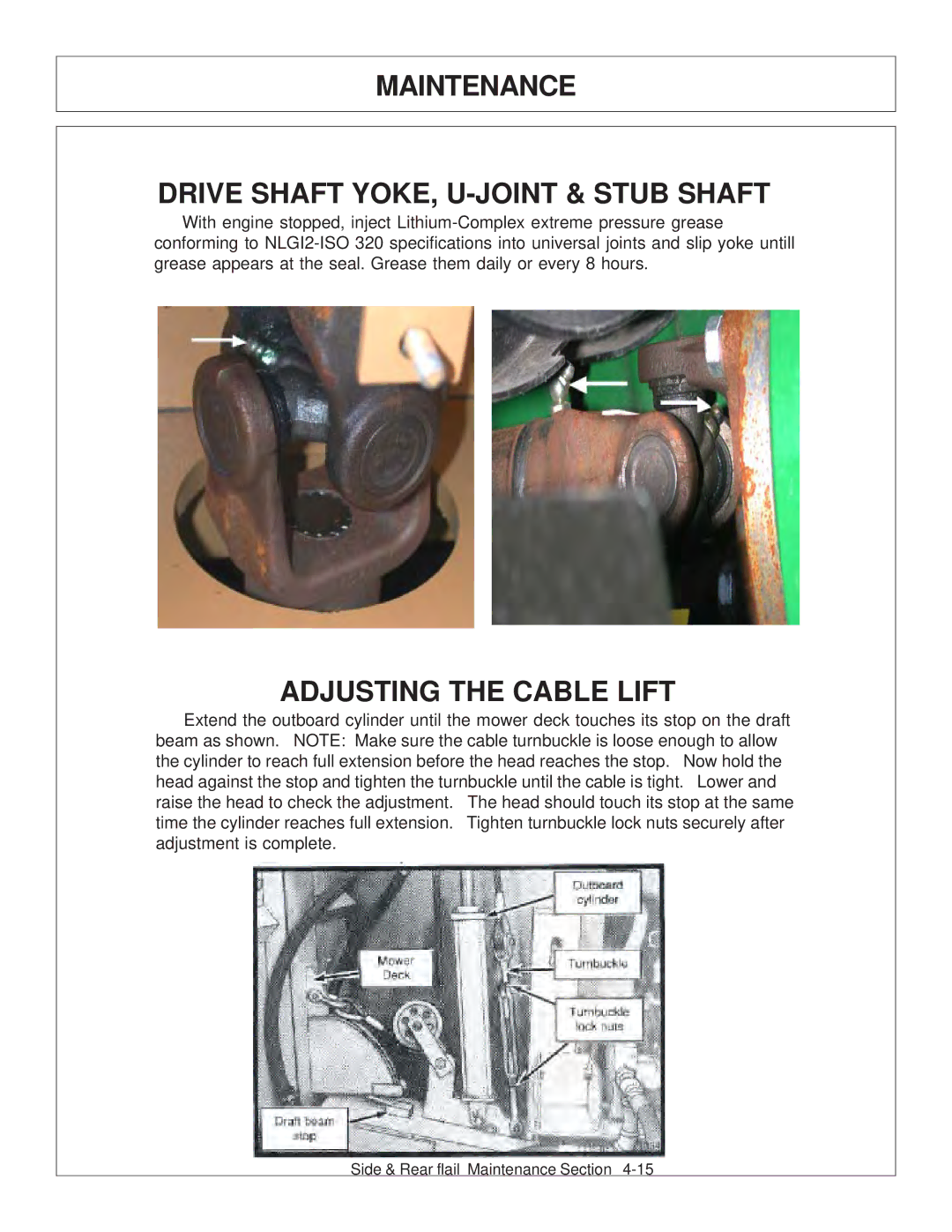 Tiger JD 5101E, JD 5083E, JD 5093E manual Maintenance Drive Shaft YOKE, U-JOINT & Stub Shaft, Adjusting the Cable Lift 