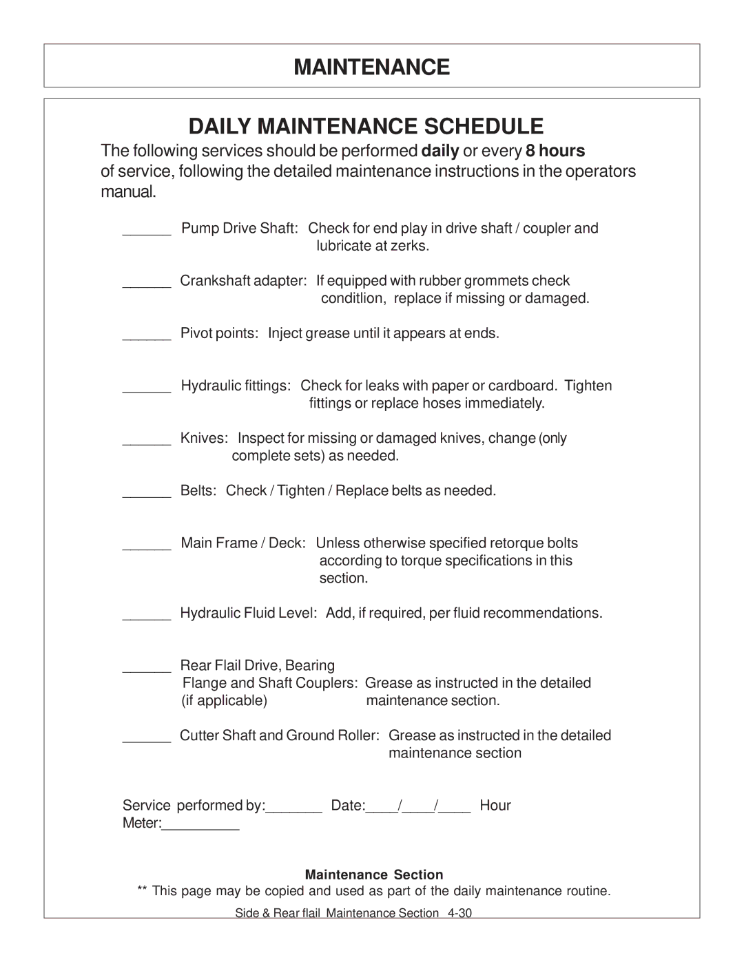 Tiger JD 5101E, JD 5083E, JD 5093E manual Maintenance Daily Maintenance Schedule, Maintenance Section 