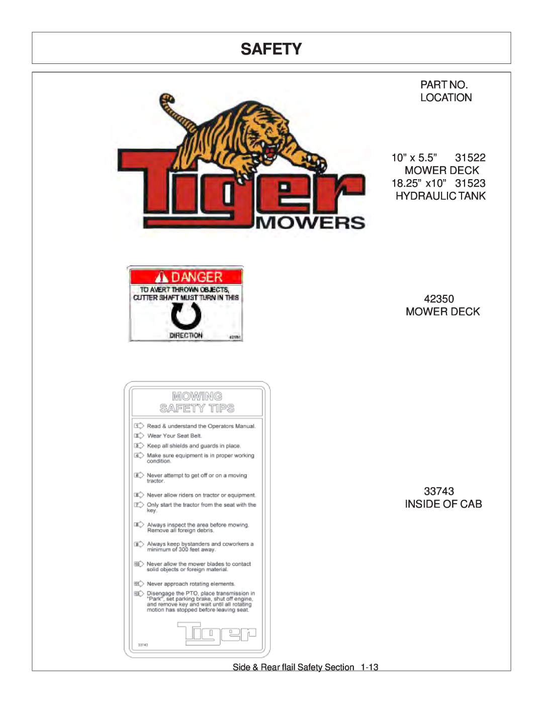 Tiger JD 5093E, JD 5083E Safety, LOCATION 10” x 5.5” MOWER DECK 18.25” x10” HYDRAULIC TANK, MOWER DECK 33743 INSIDE OF CAB 