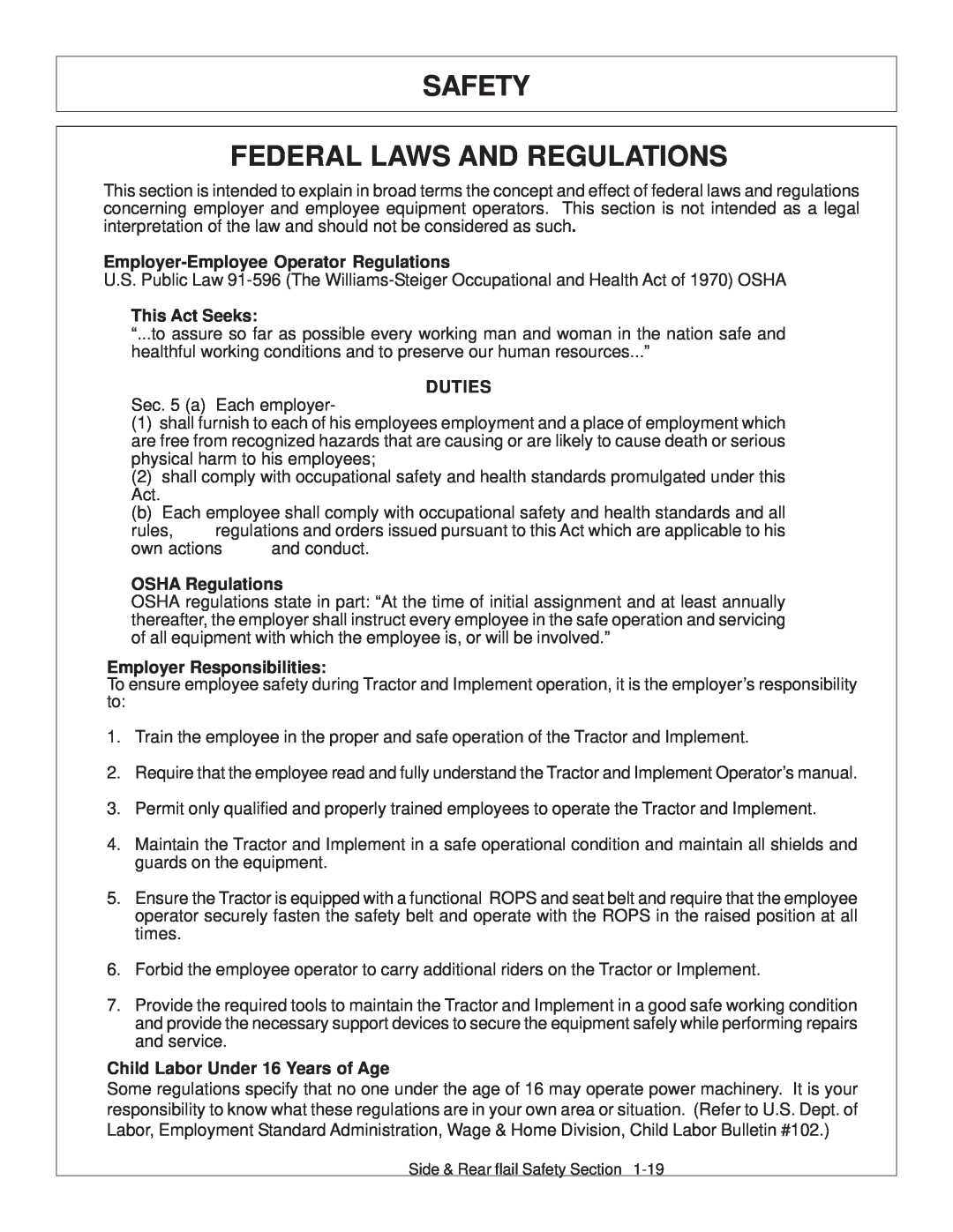 Tiger JD 5093E manual Safety Federal Laws And Regulations, Employer-Employee Operator Regulations, This Act Seeks, Duties 