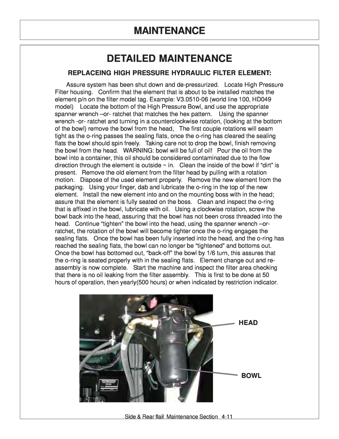 Tiger JD 5083E, JD 5101E Maintenance Detailed Maintenance, Replaceing High Pressure Hydraulic Filter Element, Head Bowl 