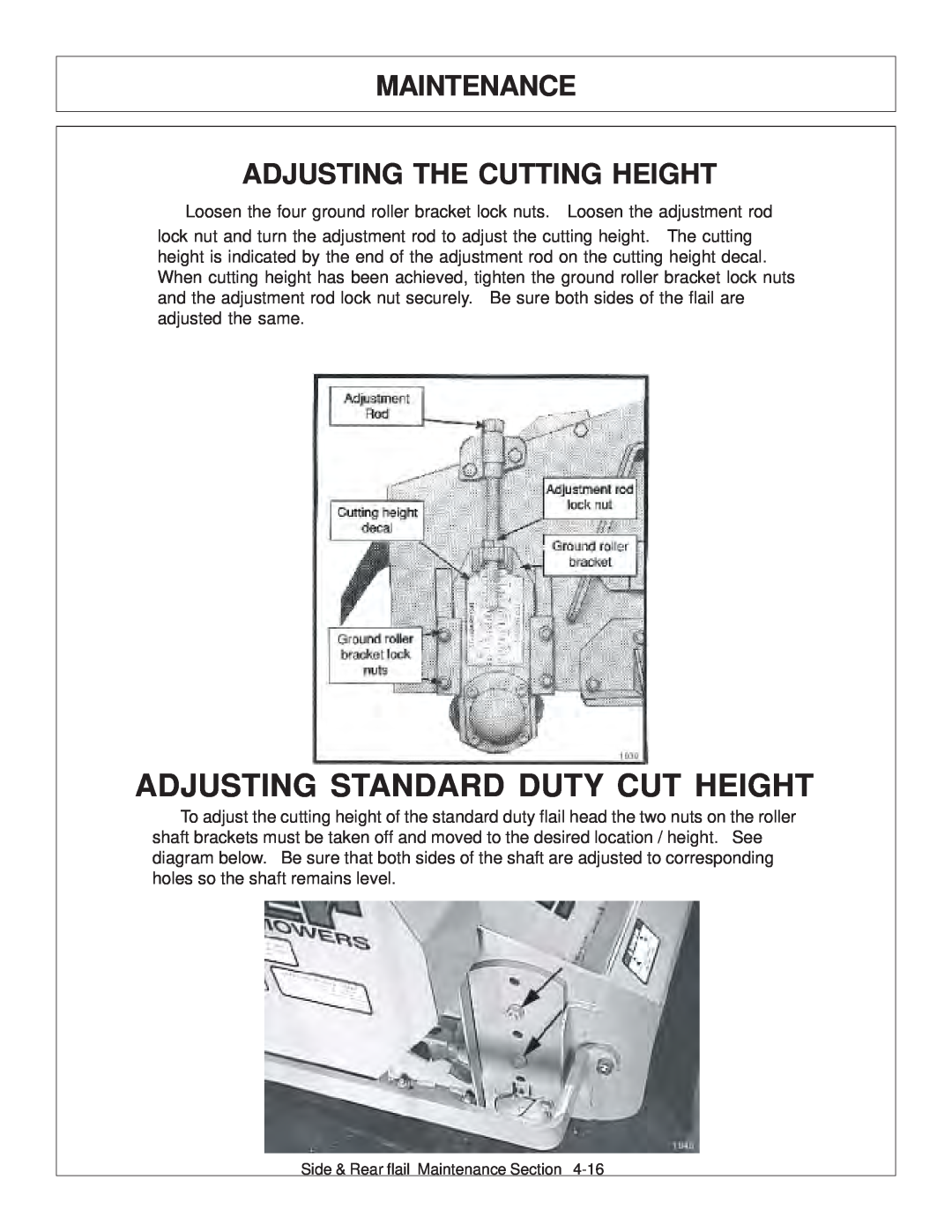 Tiger JD 5093E, JD 5083E, JD 5101E manual Adjusting The Cutting Height, Adjusting Standard Duty Cut Height, Maintenance 