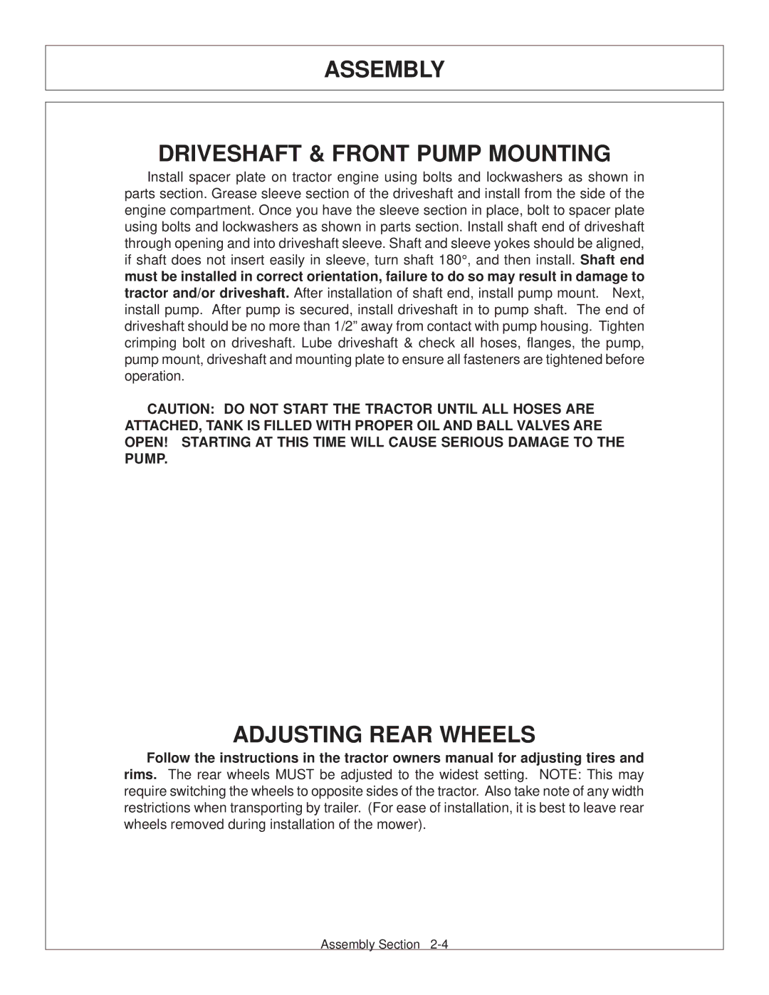 Tiger JD 62-6420 manual Assembly Driveshaft & Front Pump Mounting, Adjusting Rear Wheels 