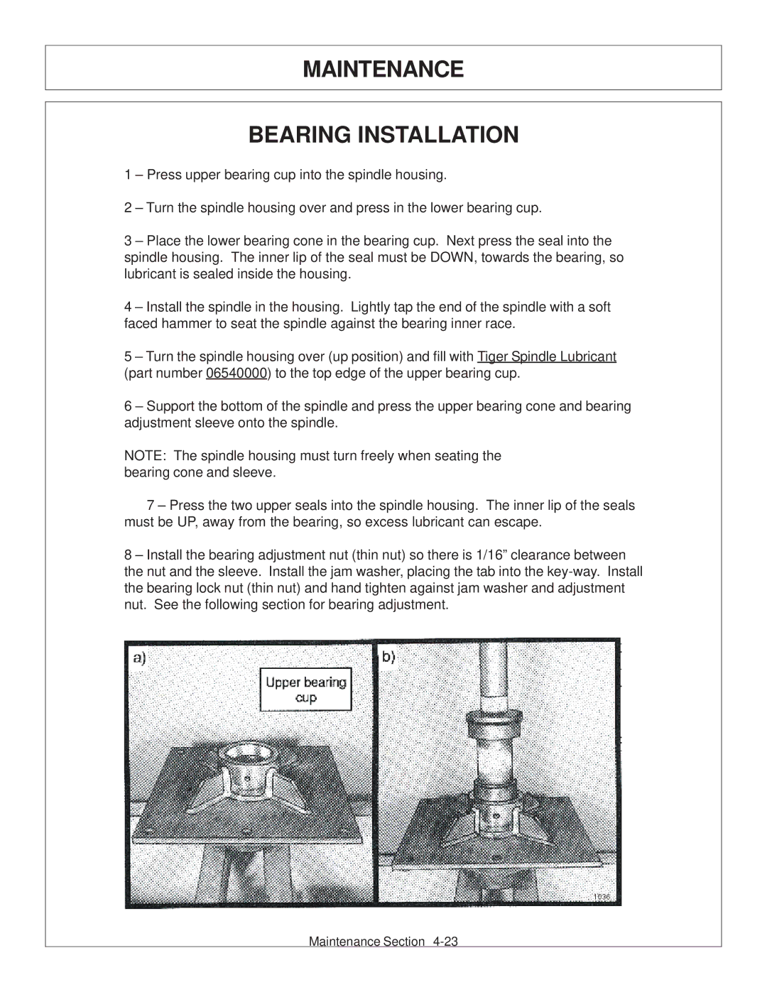 Tiger JD 62-6420 manual Maintenance Bearing Installation 