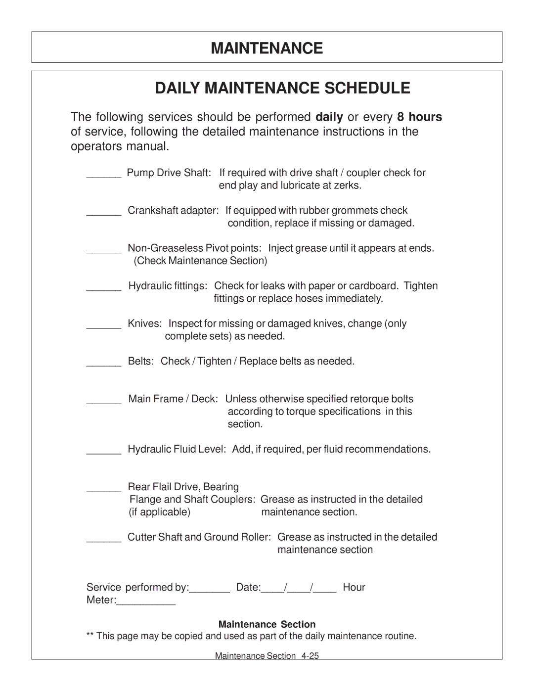 Tiger JD 62-6420 manual Maintenance Daily Maintenance Schedule, Maintenance Section 