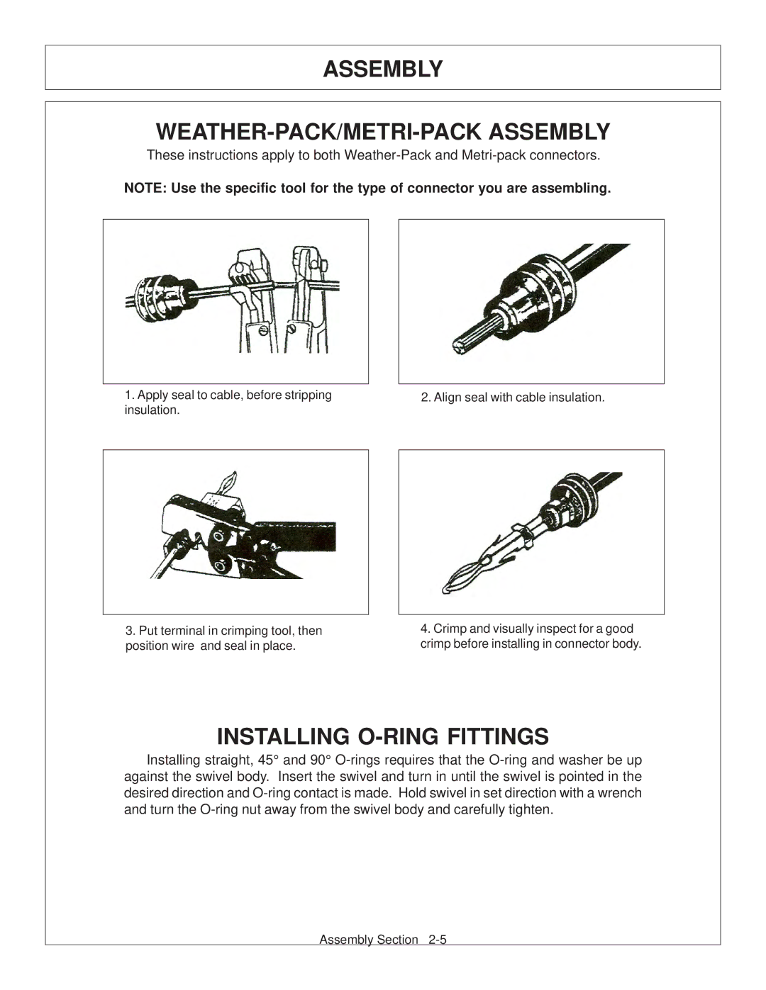 Tiger JD 62-6420 manual Assembly WEATHER-PACK/METRI-PACK Assembly, Installing O-RING Fittings 