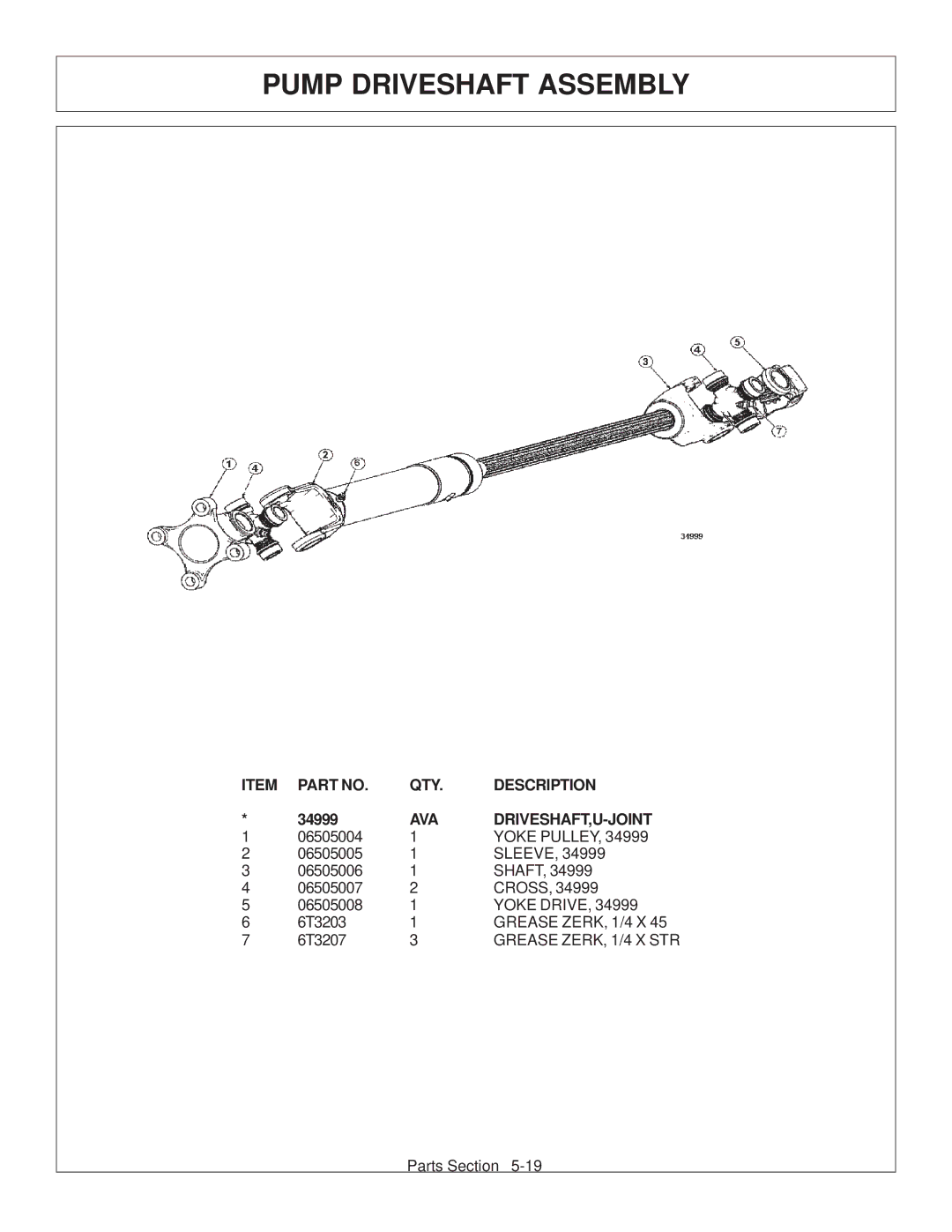 Tiger JD 62-6420 manual Pump Driveshaft Assembly, Ava Driveshaft,U-Joint 