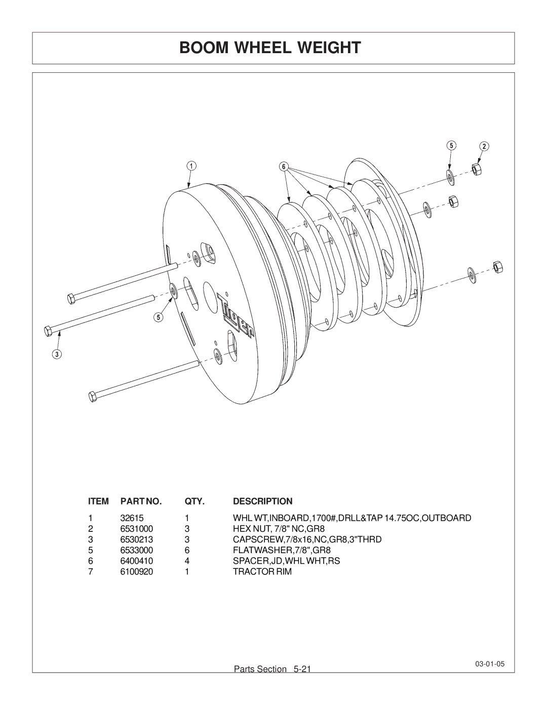 Tiger JD 62-6420 manual Boom Wheel Weight 