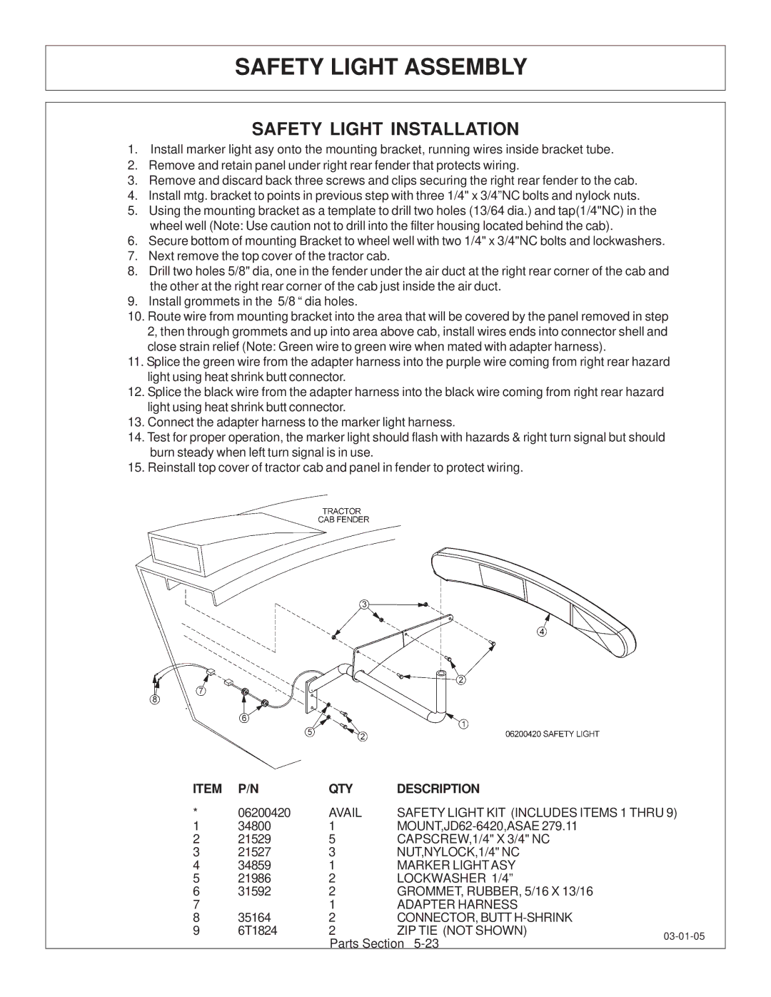 Tiger JD 62-6420 manual Safety Light Assembly, Safety Light Installation 