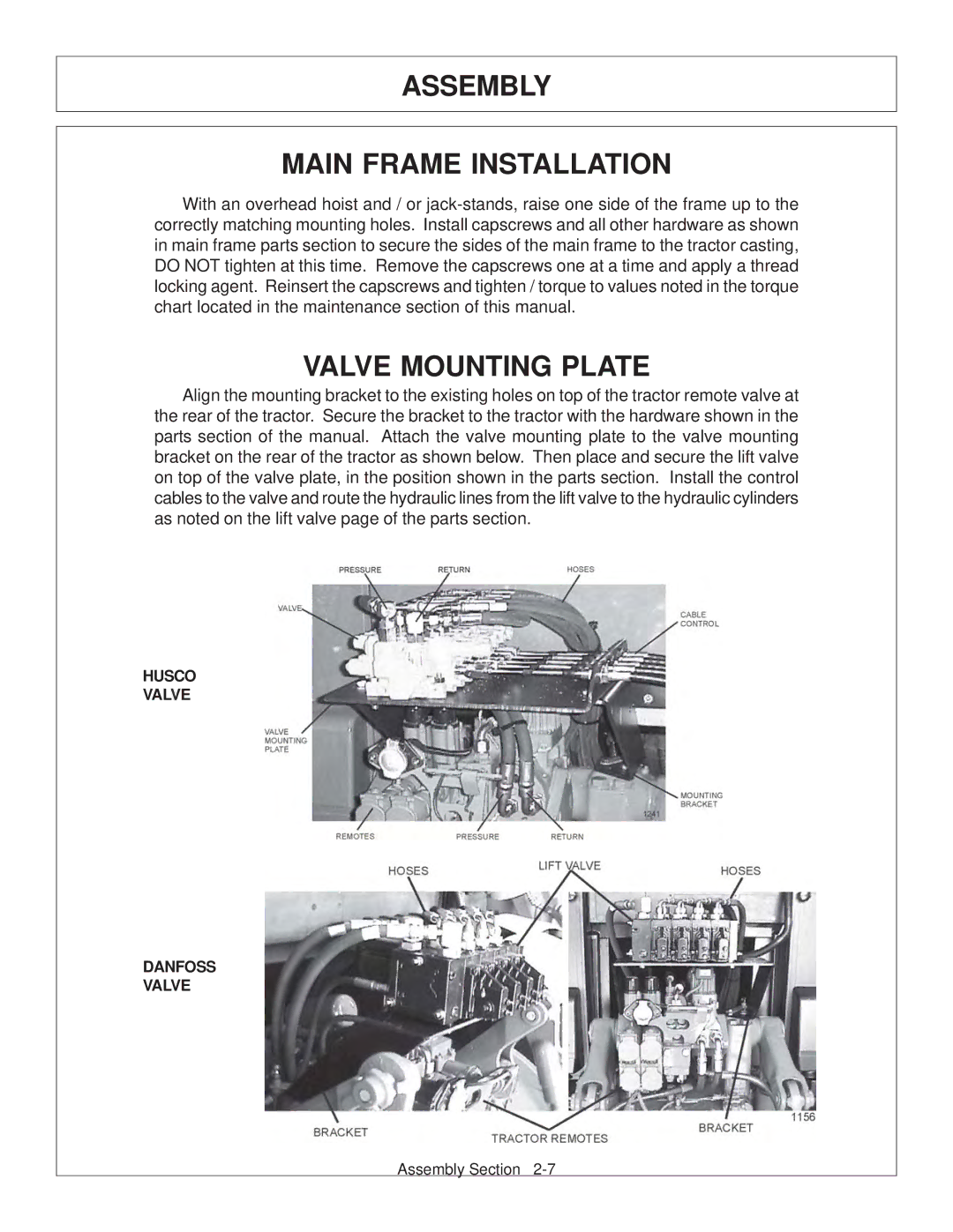 Tiger JD 62-6420 manual Assembly Main Frame Installation, Valve Mounting Plate, Husco Valve Danfoss 