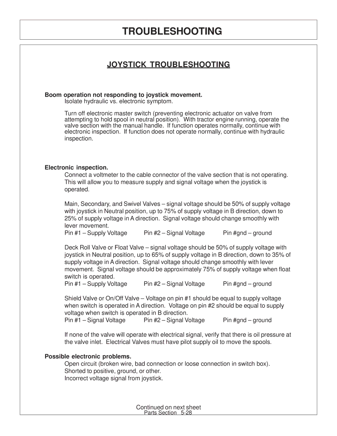 Tiger JD 62-6420 manual Joystick Troubleshooting 