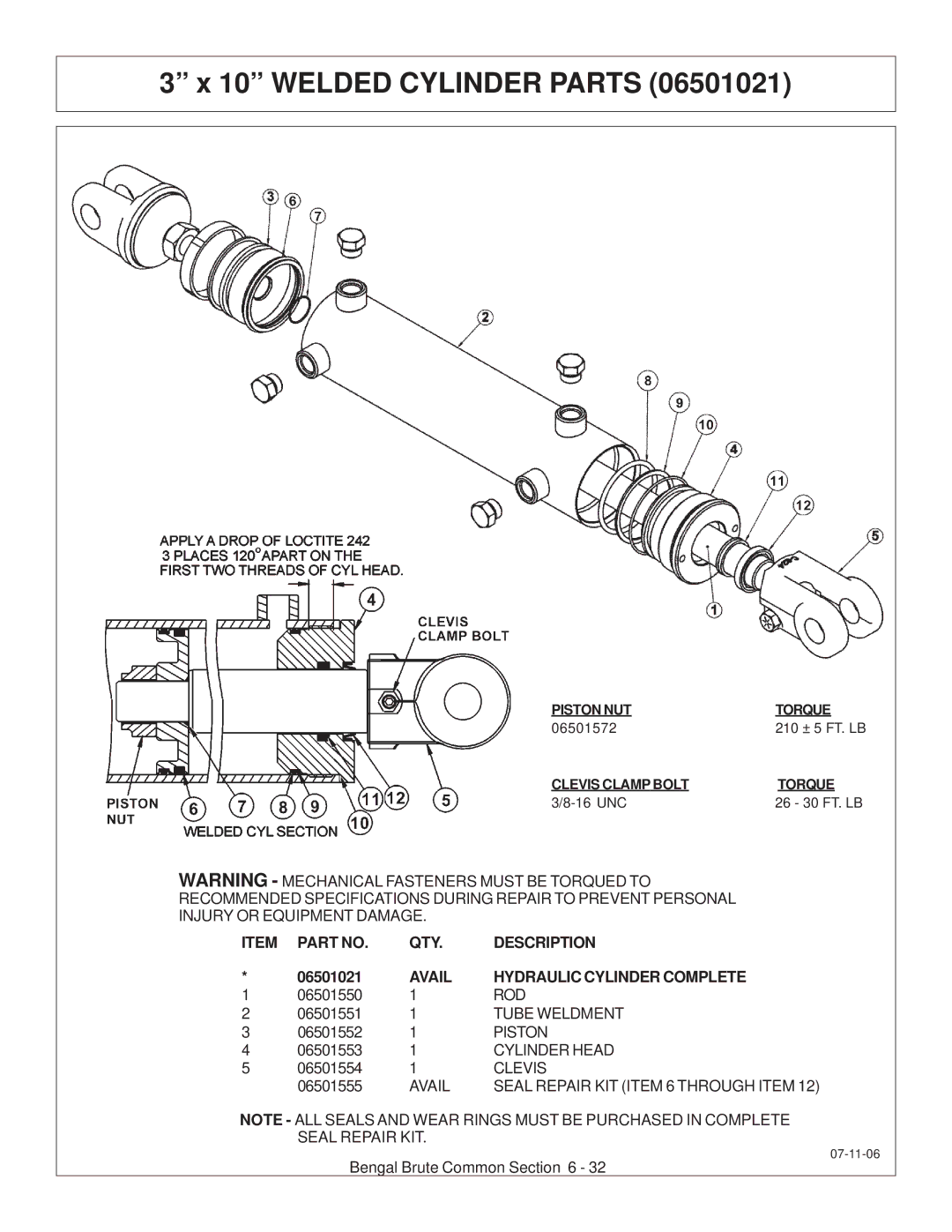 Tiger JD 62-6420 manual Welded Cylinder Parts, Avail Hydraulic Cylinder Complete 