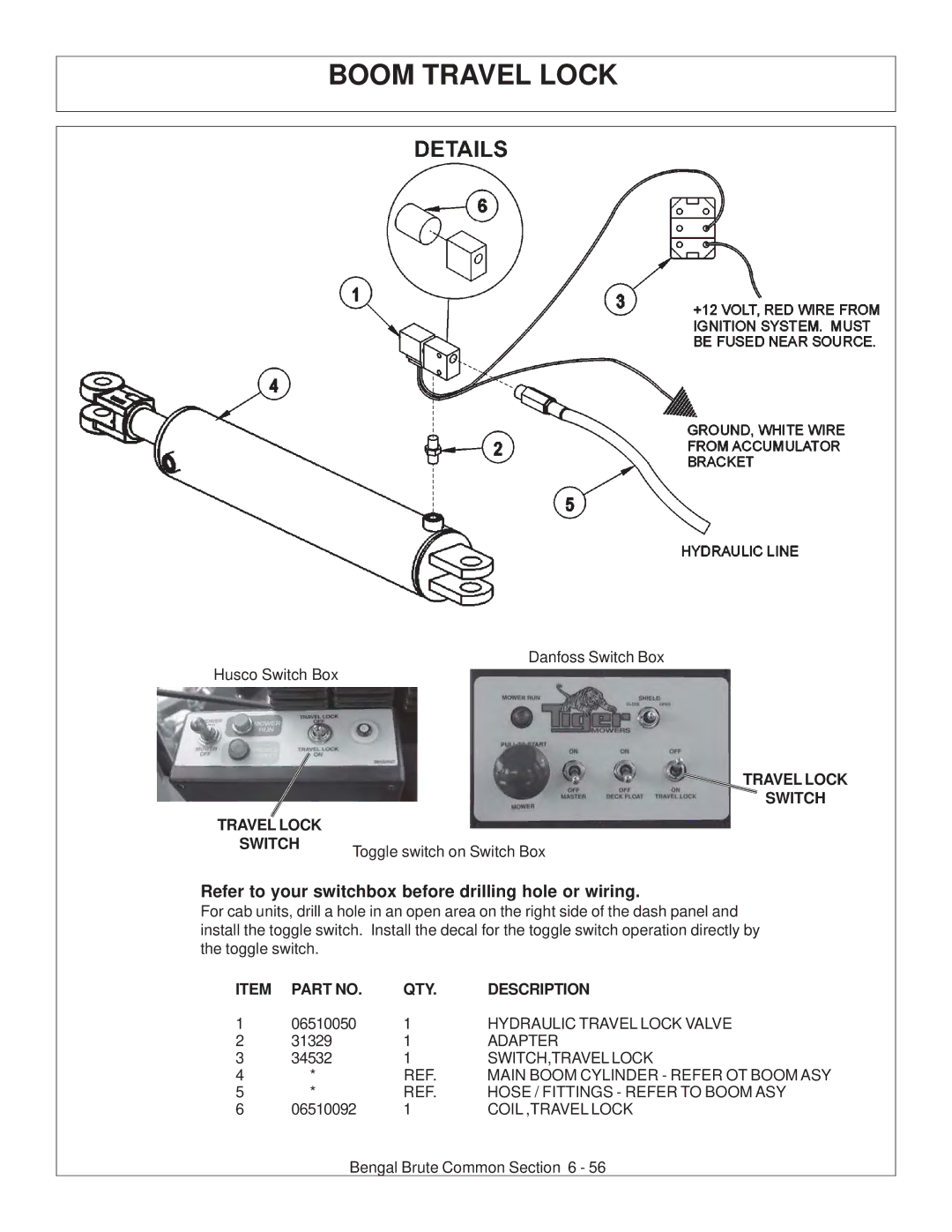 Tiger JD 62-6420 manual Boom Travel Lock, Travel Lock Switch 