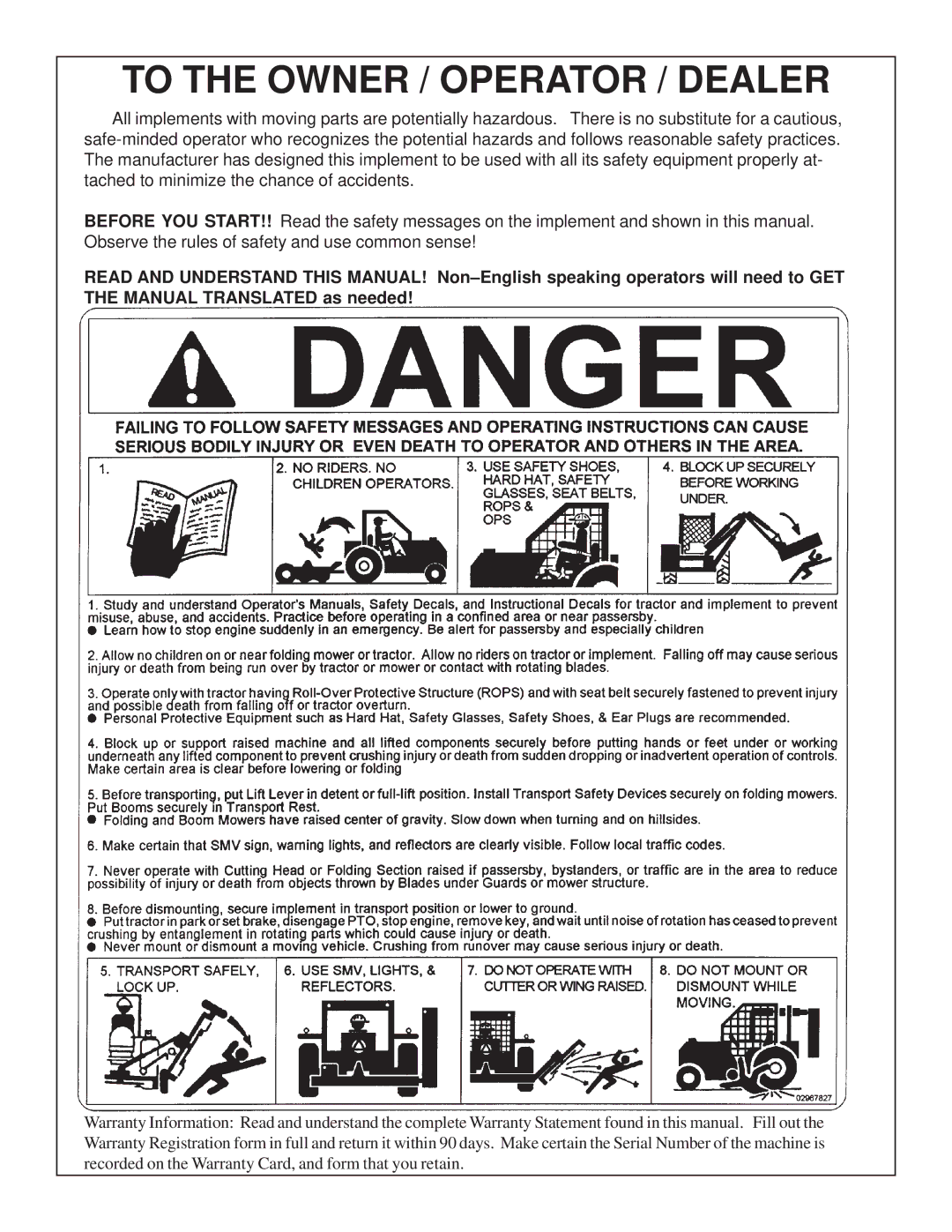 Tiger JD 62-6420 manual To the Owner / Operator / Dealer 