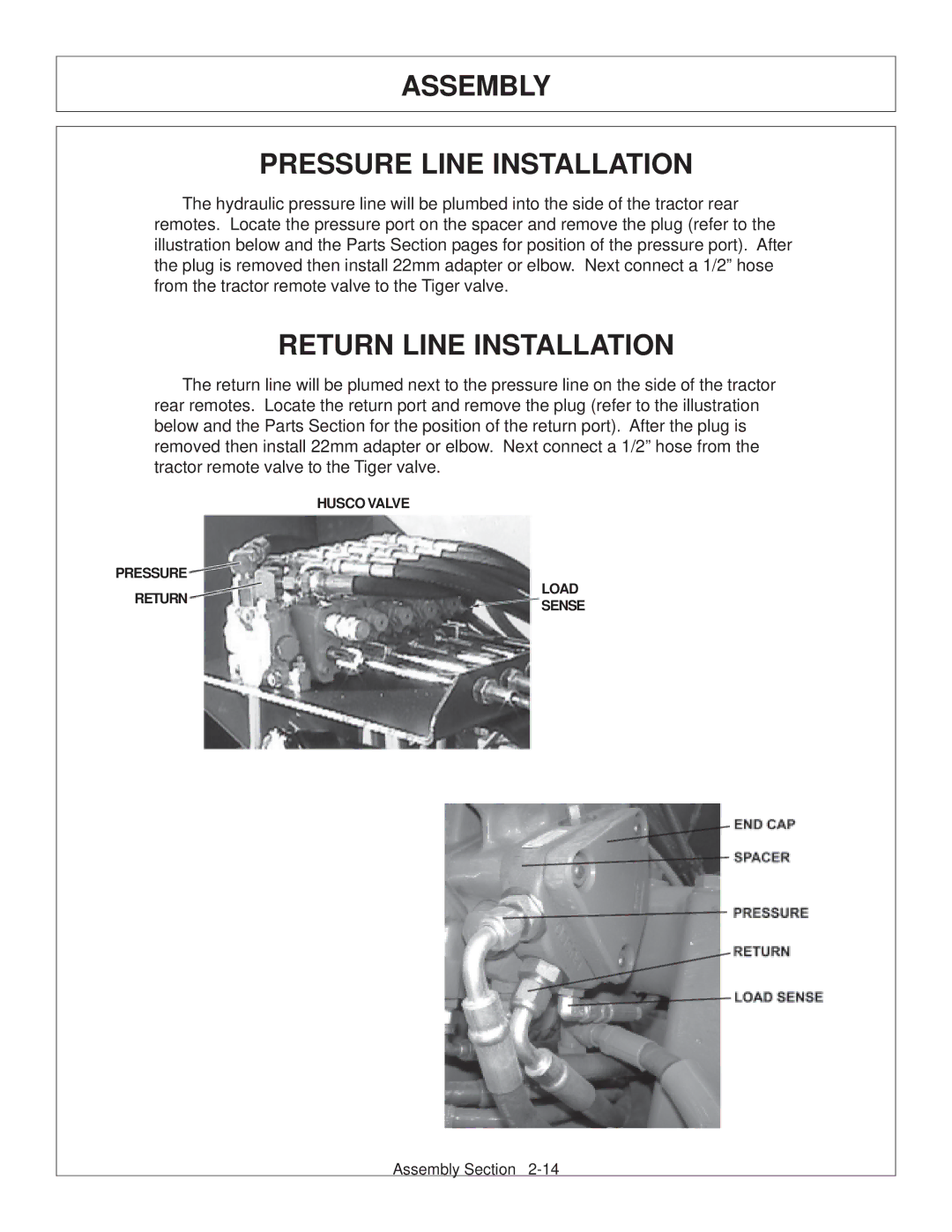 Tiger JD 62-6420 manual Assembly Pressure Line Installation, Return Line Installation 