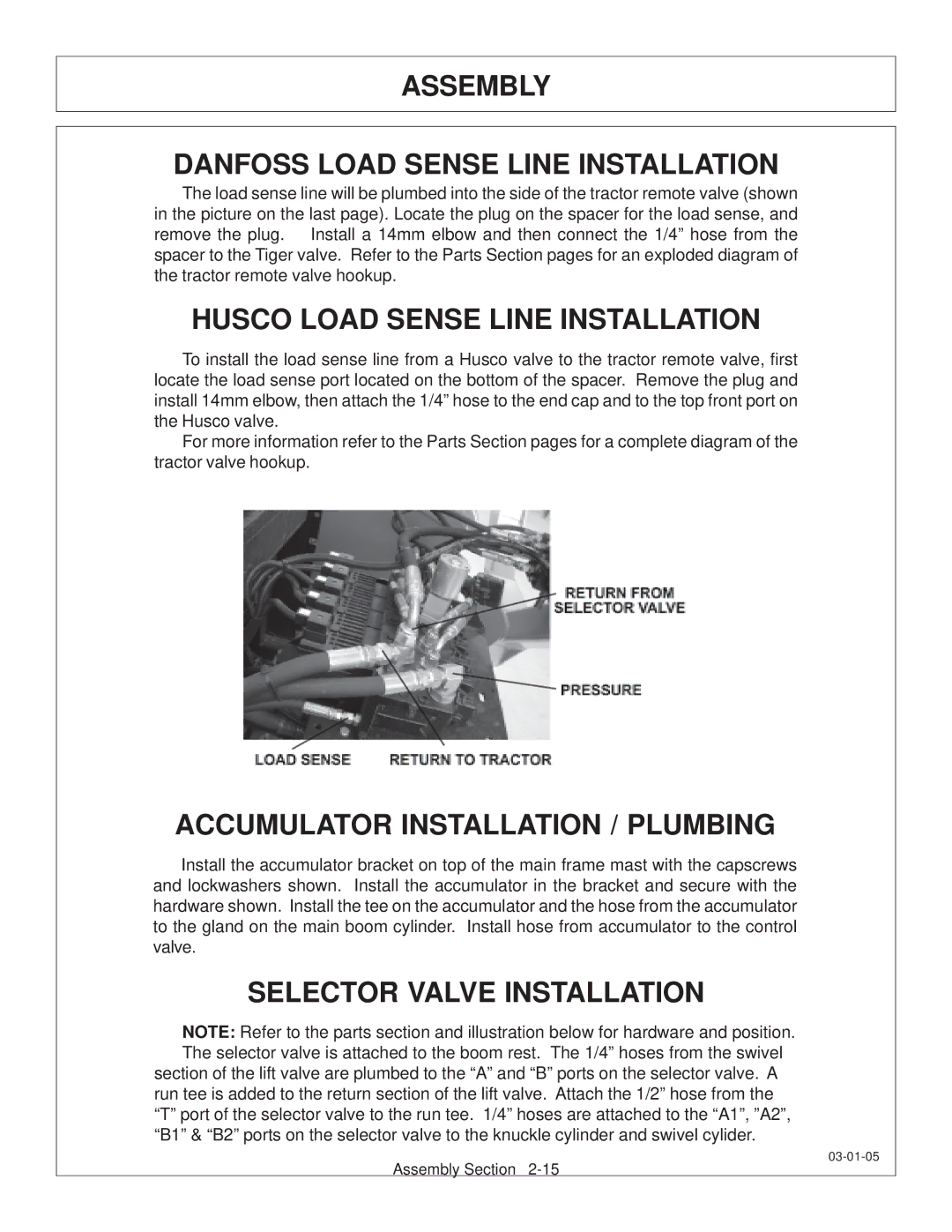 Tiger JD 62-6420 manual Assembly Danfoss Load Sense Line Installation, Husco Load Sense Line Installation 