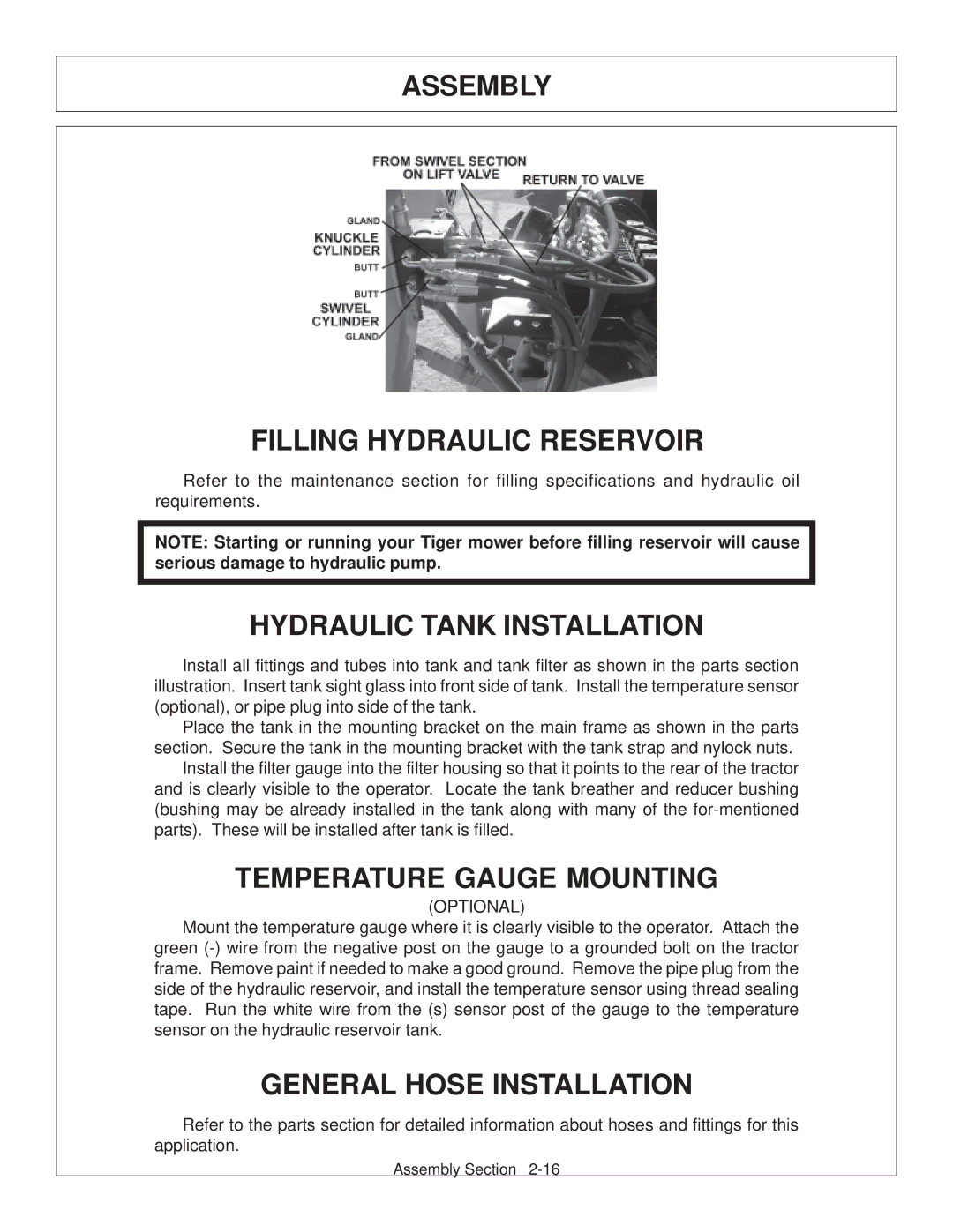 Tiger JD 62-6420 manual Assembly Filling Hydraulic Reservoir, Hydraulic Tank Installation, Temperature Gauge Mounting 