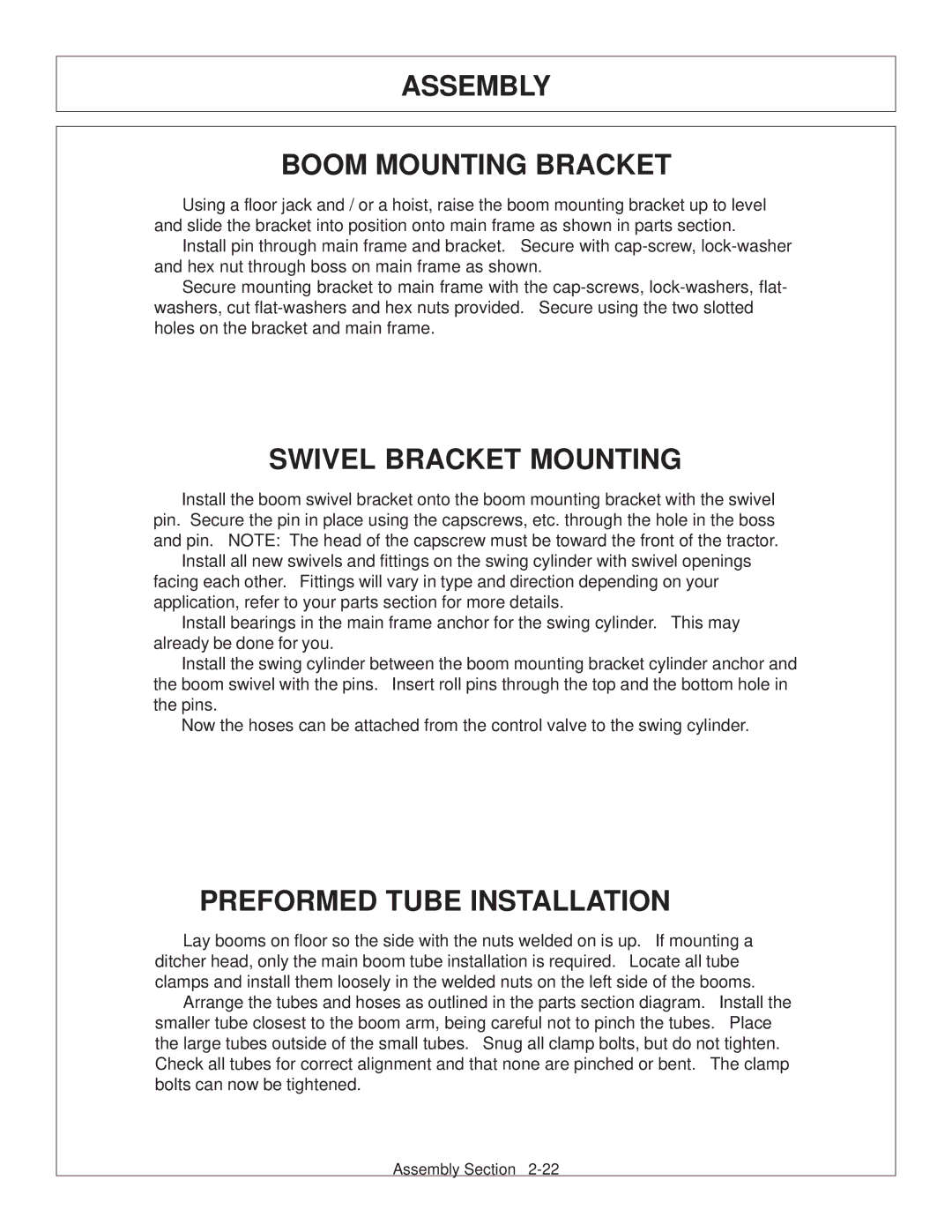 Tiger JD 62-6420 manual Assembly Boom Mounting Bracket, Swivel Bracket Mounting, Preformed Tube Installation 