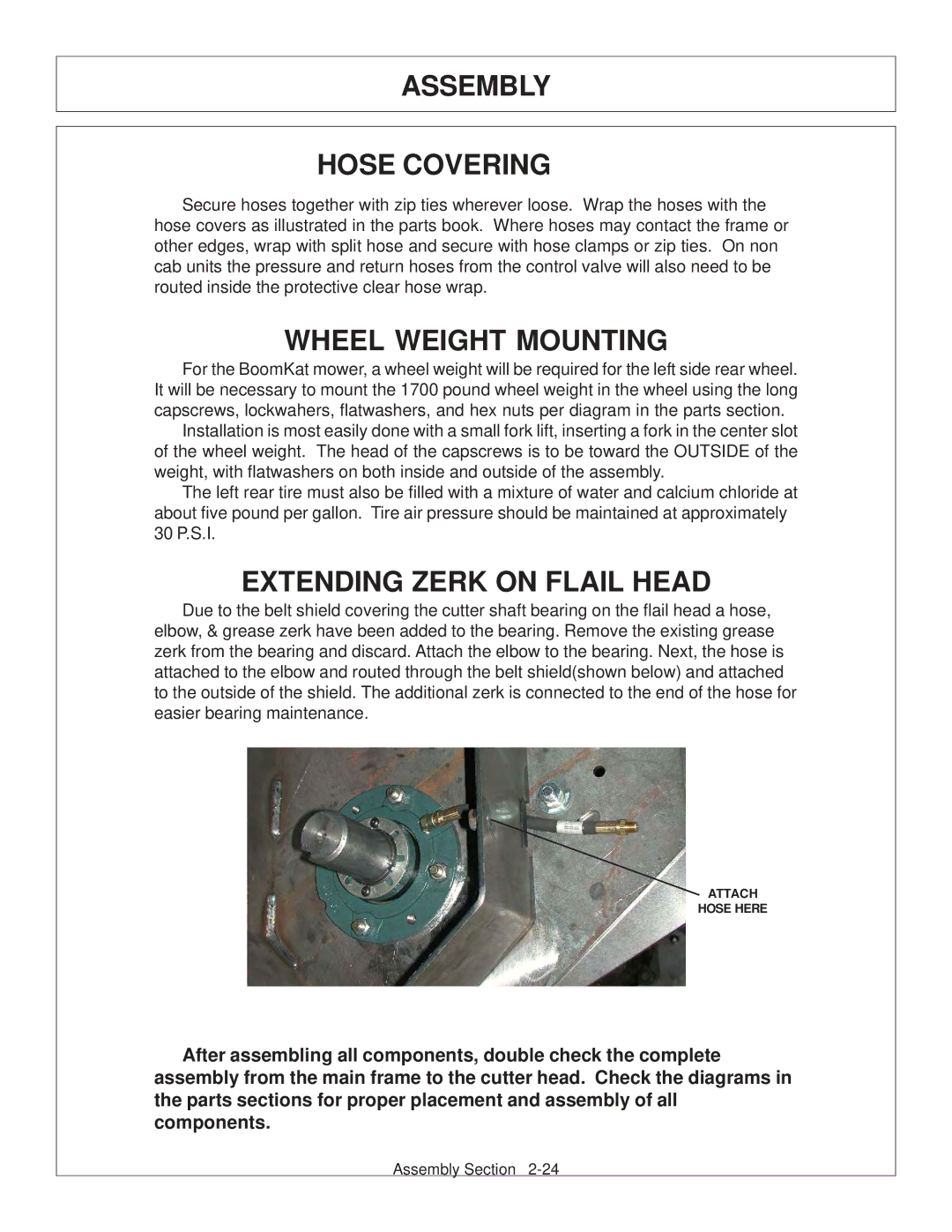 Tiger JD 62-6420 manual Assembly Hose Covering, Wheel Weight Mounting, Extending Zerk on Flail Head 