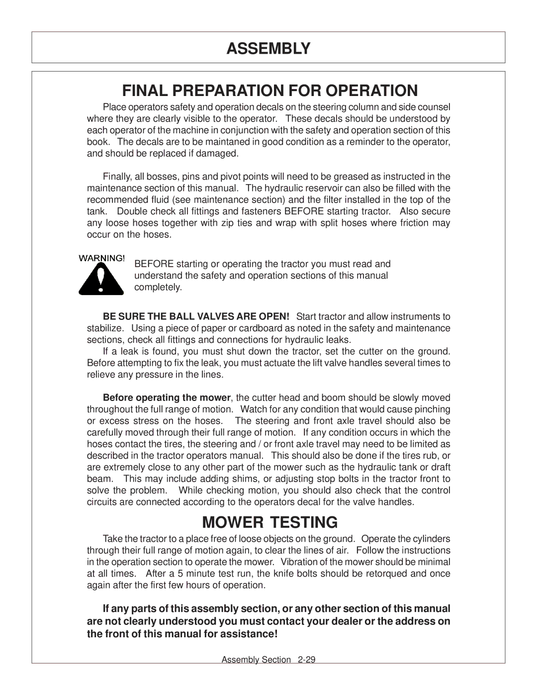 Tiger JD 62-6420 manual Assembly Final Preparation for Operation, Mower Testing 