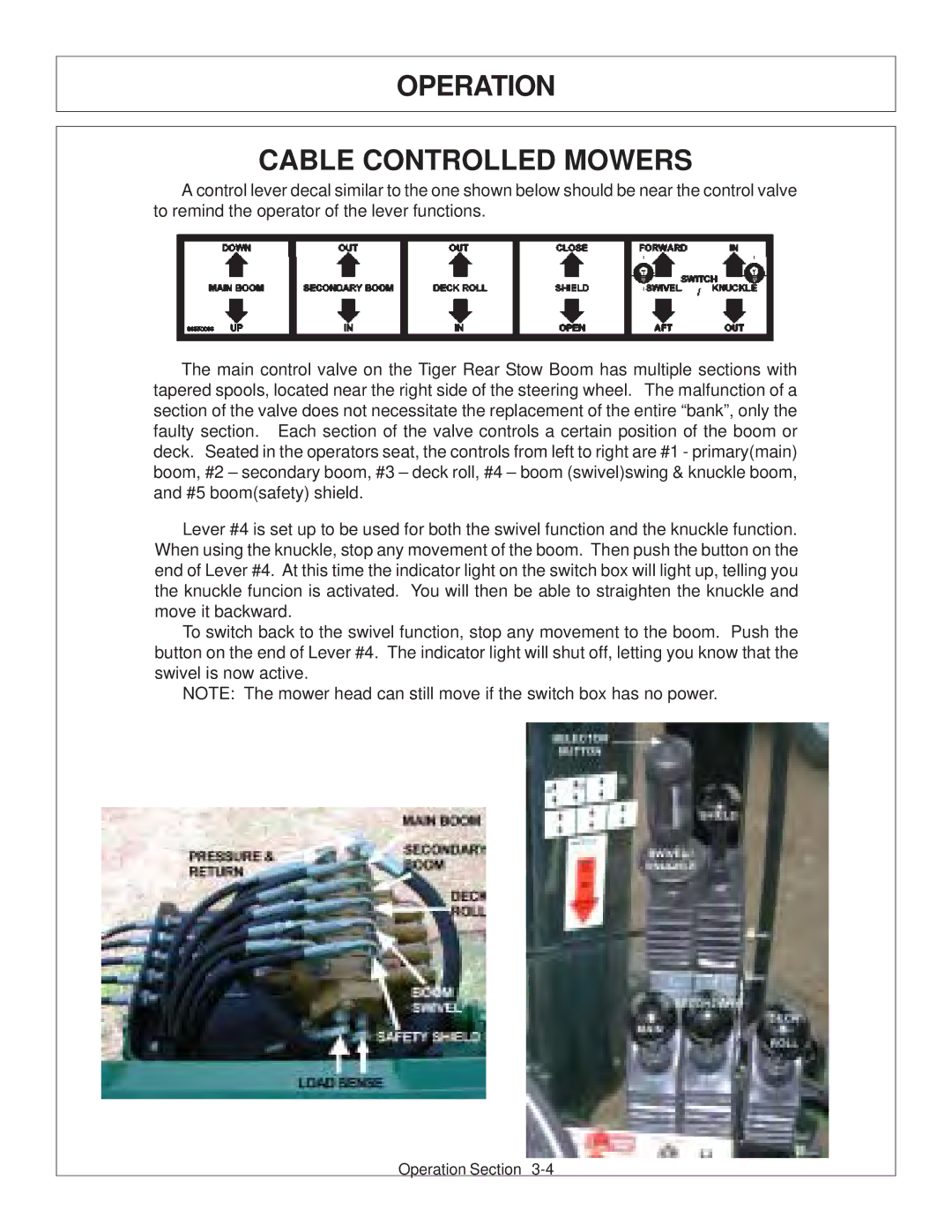 Tiger JD 62-6420 manual Operation Cable Controlled Mowers 