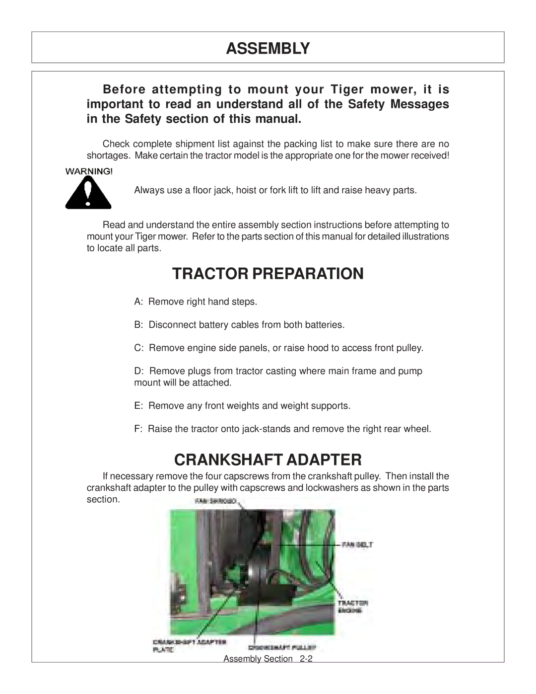 Tiger JD 62-6420 manual Assembly, Tractor Preparation, Crankshaft Adapter 