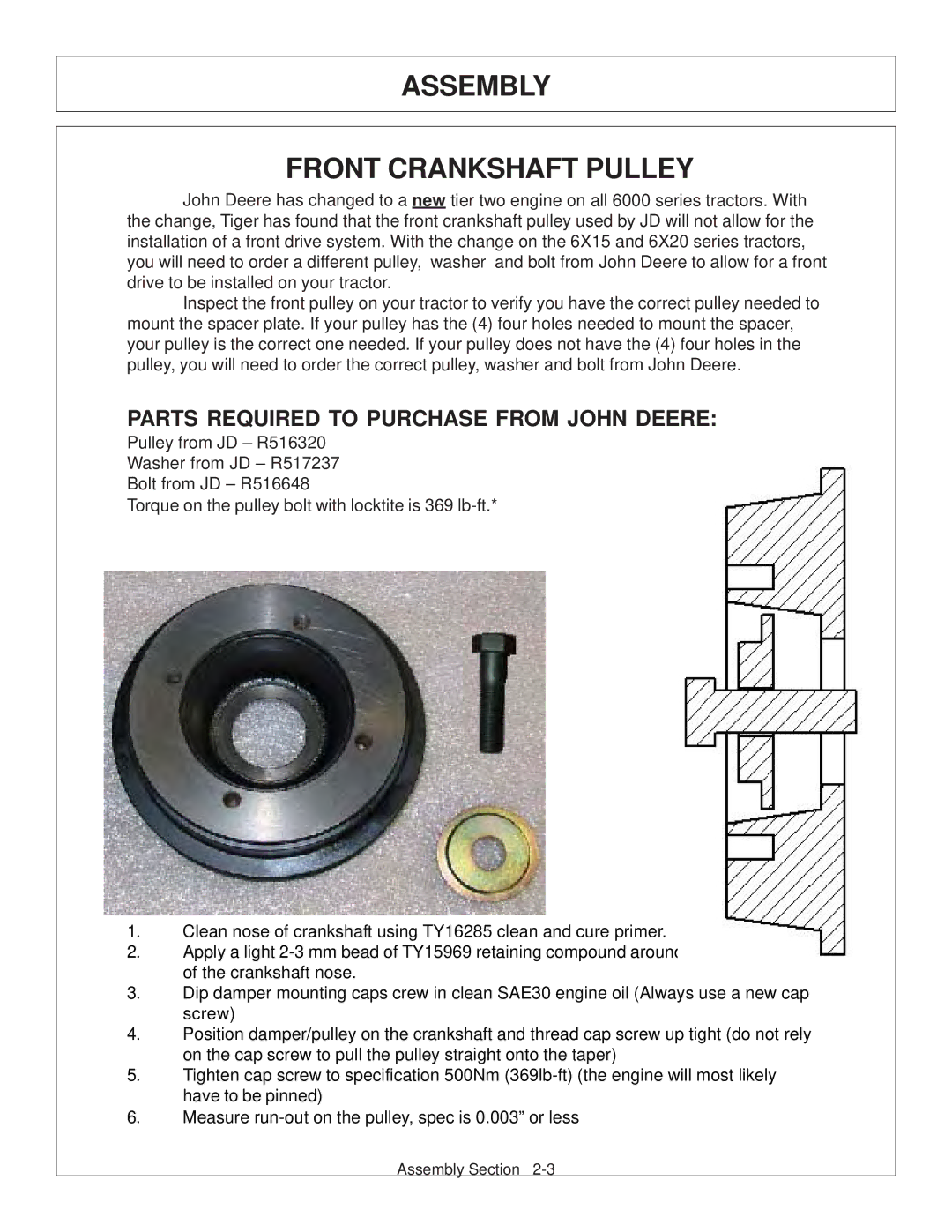 Tiger JD 62-6420 manual Assembly Front Crankshaft Pulley, Parts Required to Purchase from John Deere 