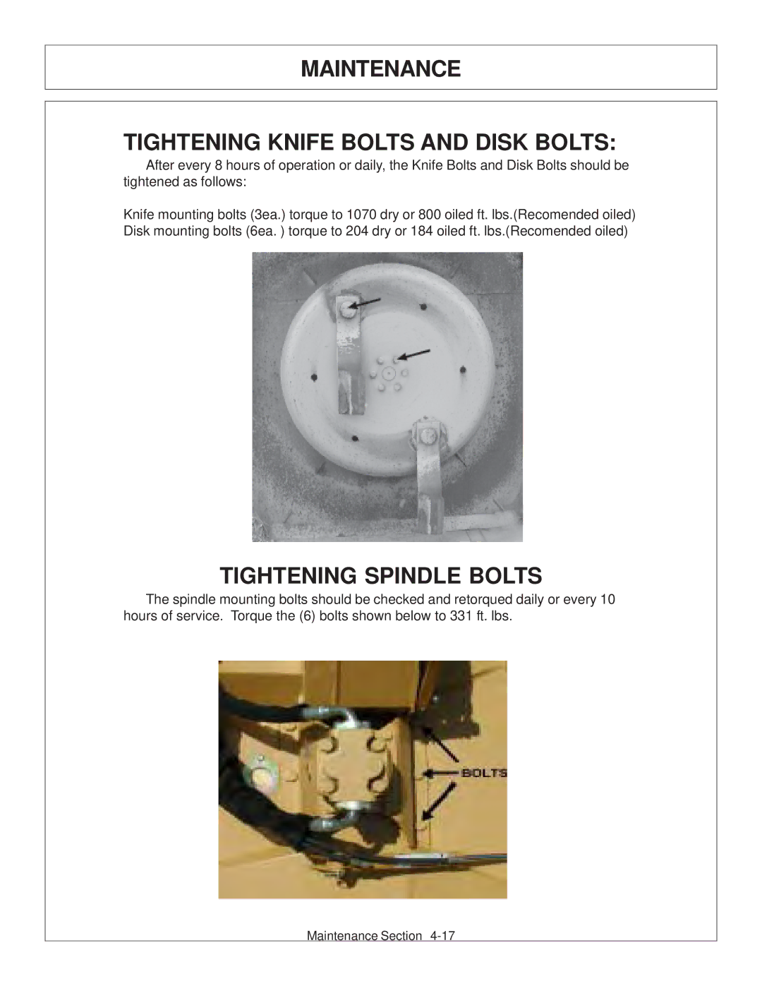 Tiger JD 62-6420 manual Maintenance Tightening Knife Bolts and Disk Bolts, Tightening Spindle Bolts 