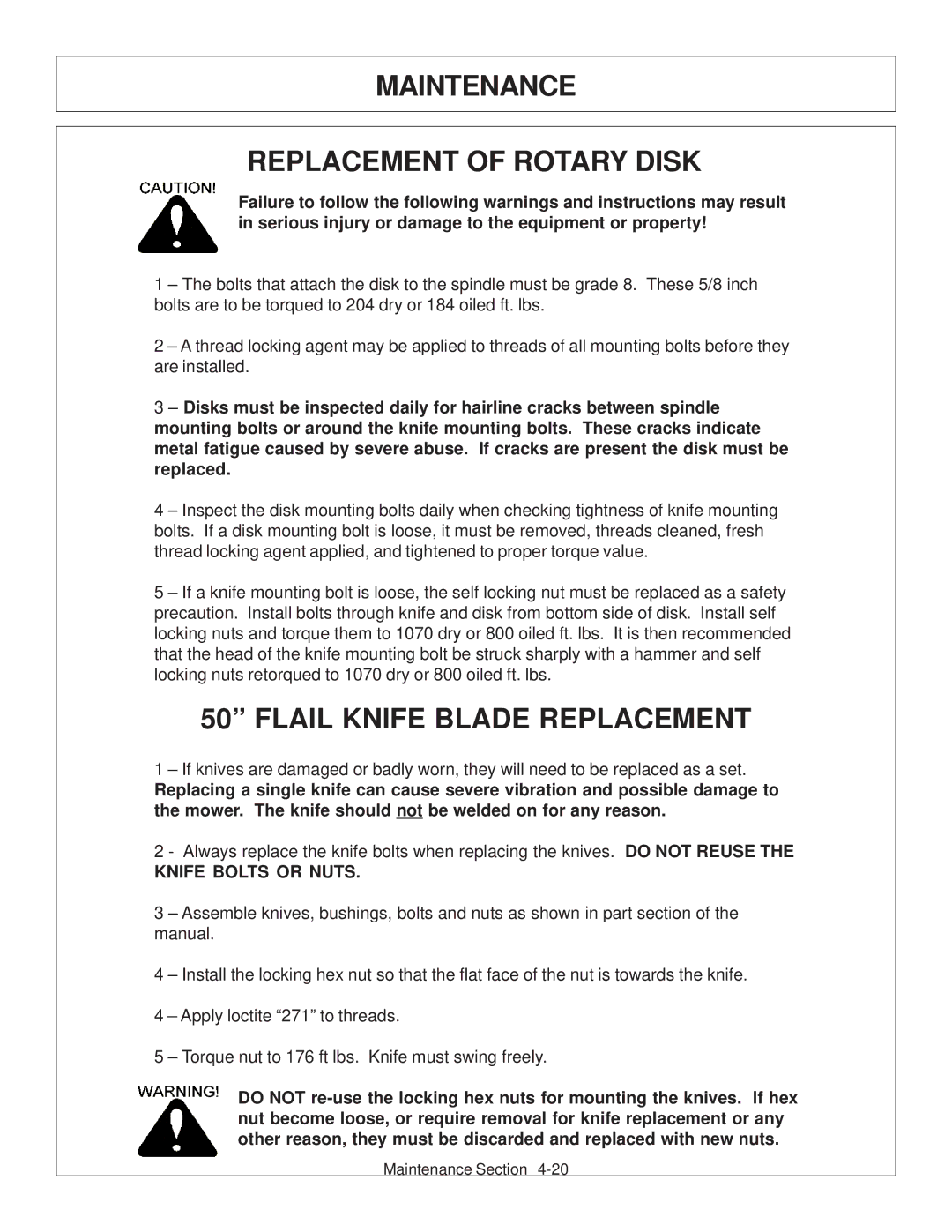 Tiger JD 62-6420 manual Maintenance Replacement of Rotary Disk, Flail Knife Blade Replacement 