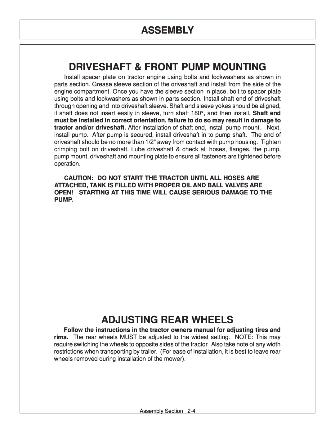 Tiger JD 62-6420 manual Driveshaft & Front Pump Mounting, Adjusting Rear Wheels, Assembly 