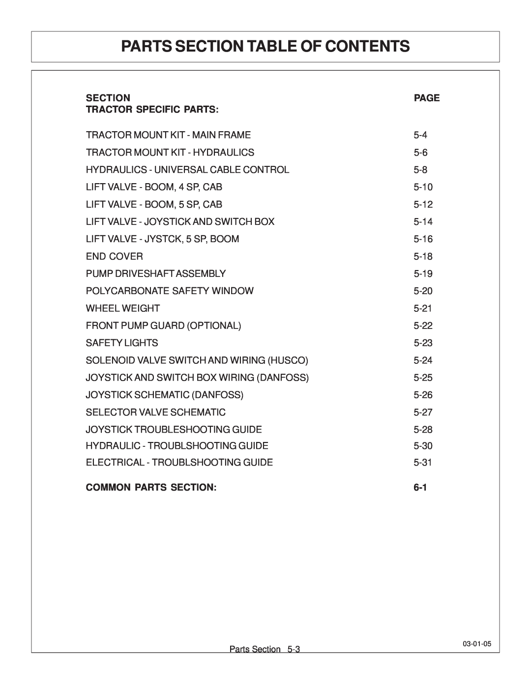 Tiger JD 62-6420 manual Parts Section Table Of Contents, Tractor Specific Parts, Common Parts Section 