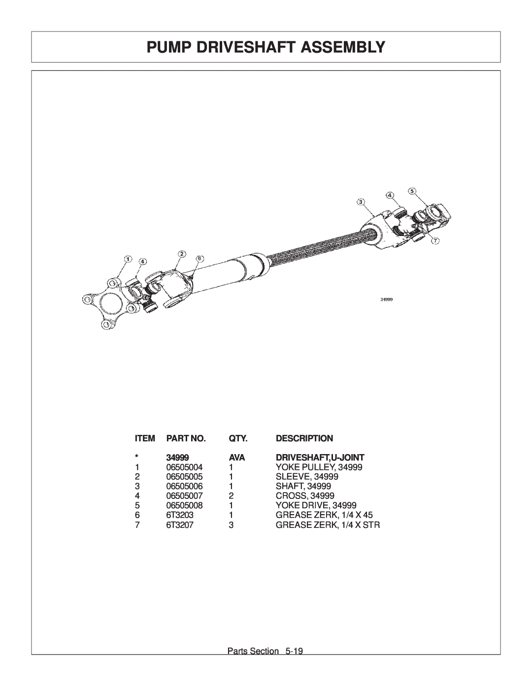 Tiger JD 62-6420 manual Pump Driveshaft Assembly, Description, 34999, Driveshaft,U-Joint 