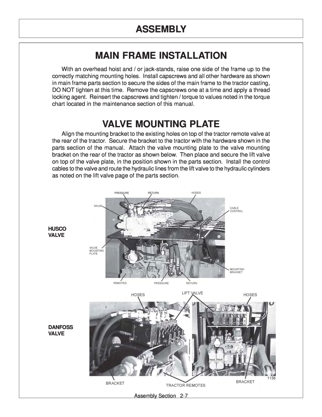 Tiger JD 62-6420 manual Assembly Main Frame Installation, Valve Mounting Plate, Husco Valve Danfoss Valve 