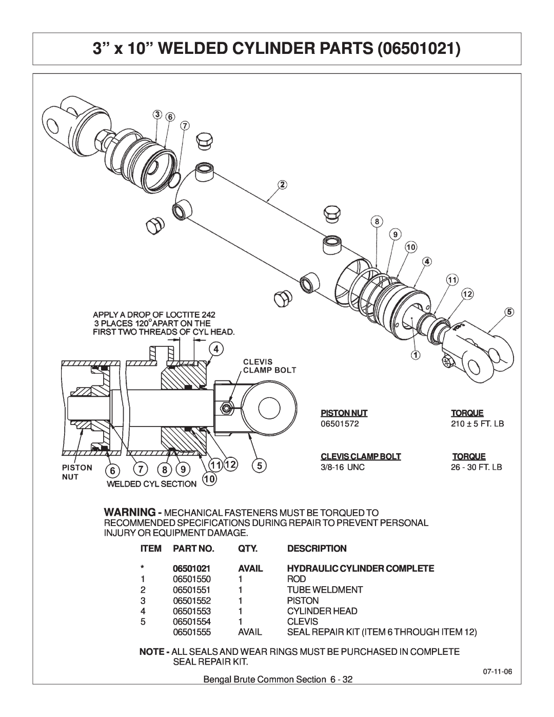 Tiger JD 62-6420 manual 3” x 10” WELDED CYLINDER PARTS, Description, 06501021, Avail, Hydraulic Cylinder Complete 