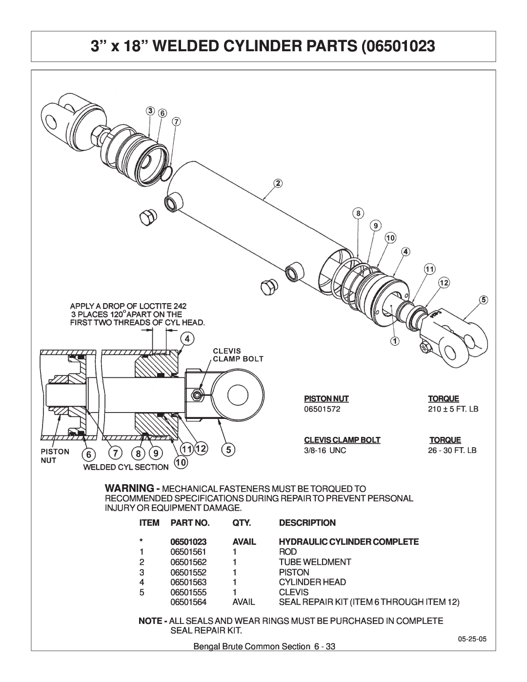 Tiger JD 62-6420 manual 3” x 18” WELDED CYLINDER PARTS, Description, 06501023, Avail, Hydraulic Cylinder Complete 