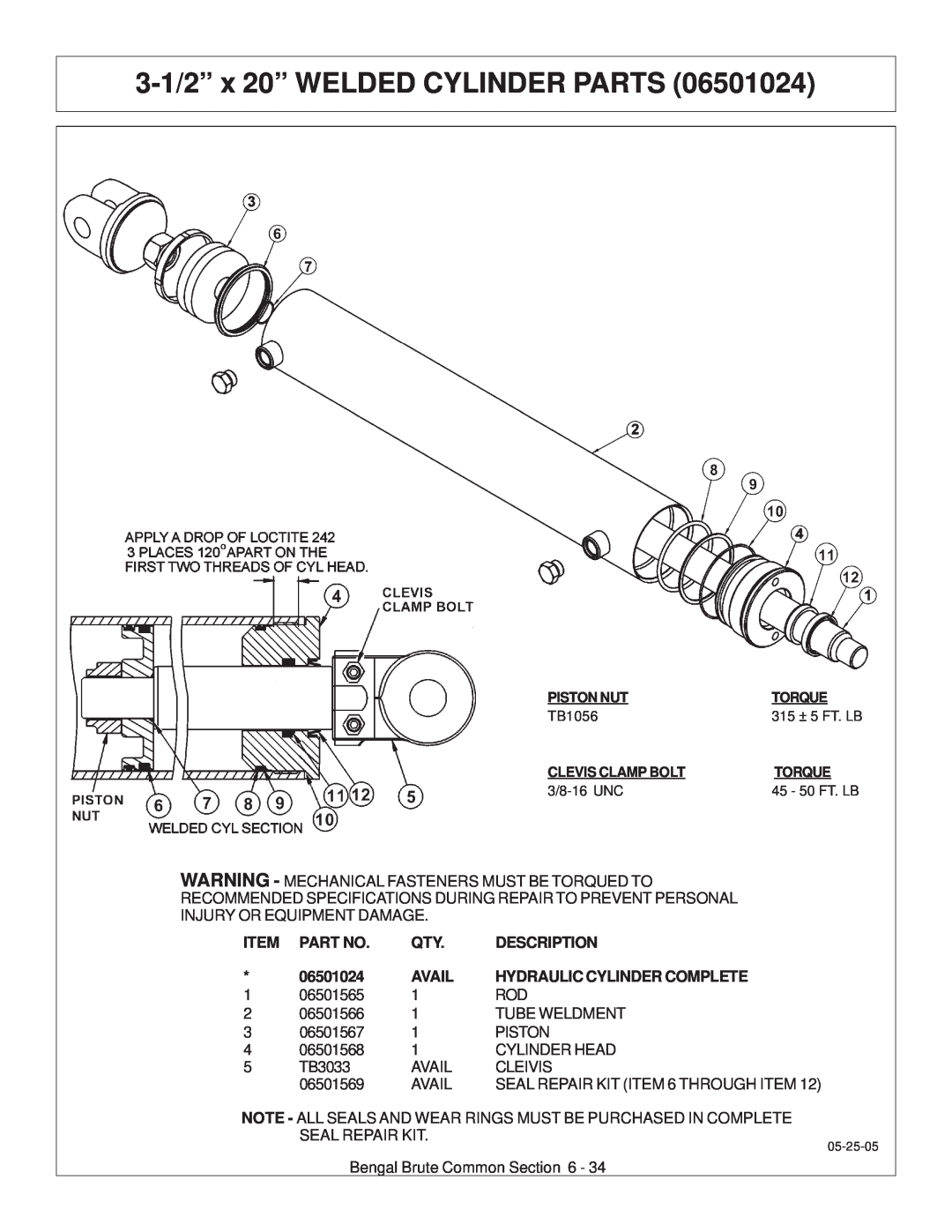 Tiger JD 62-6420 manual 3-1/2” x 20” WELDED CYLINDER PARTS, Description, 06501024, Avail, Hydraulic Cylinder Complete 