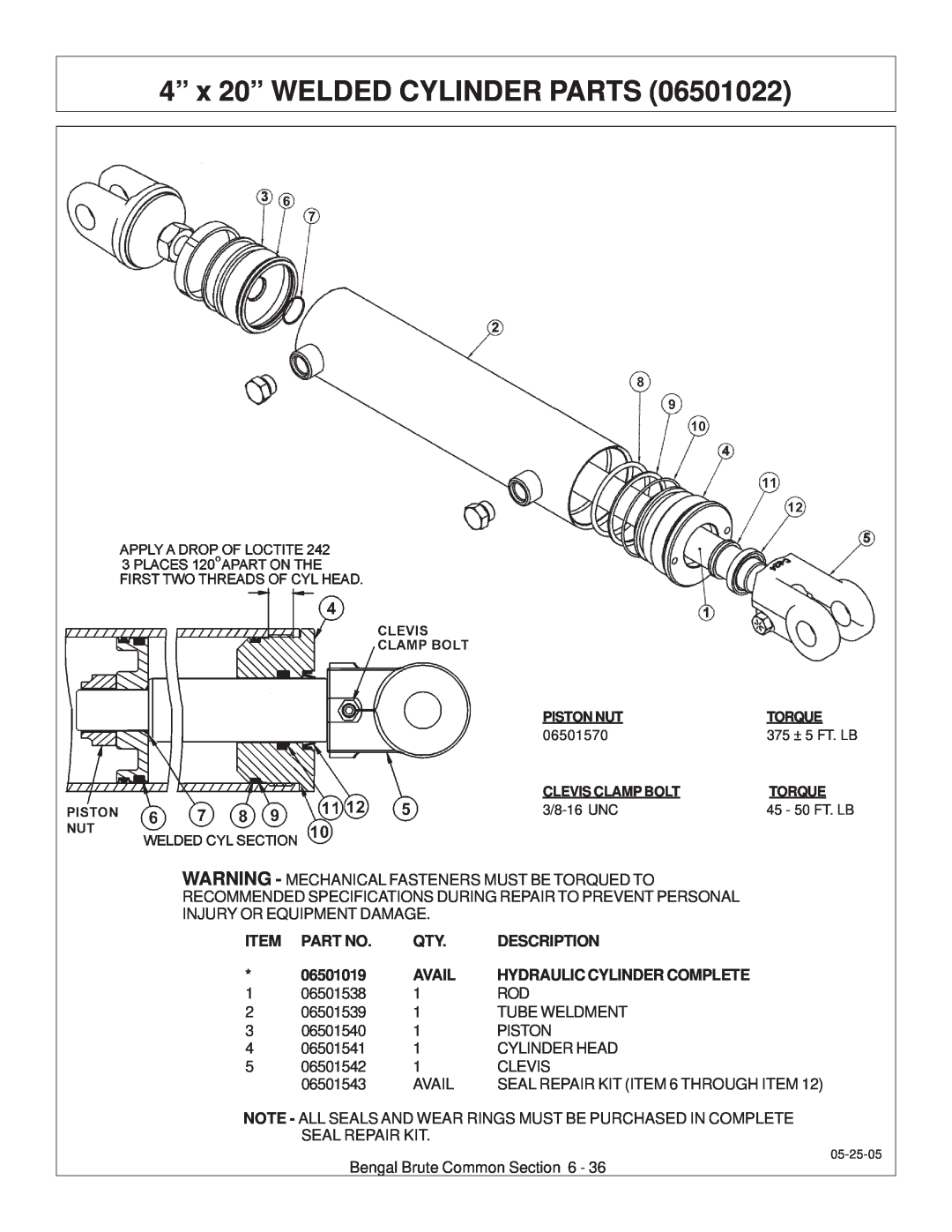 Tiger JD 62-6420 manual 4” x 20” WELDED CYLINDER PARTS, Description, 06501019, Avail, Hydraulic Cylinder Complete 