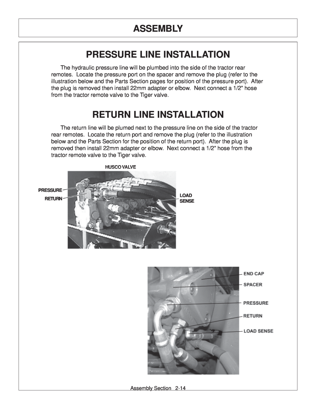 Tiger JD 62-6420 manual Assembly Pressure Line Installation, Return Line Installation, Husco Valve, Load, Sense 