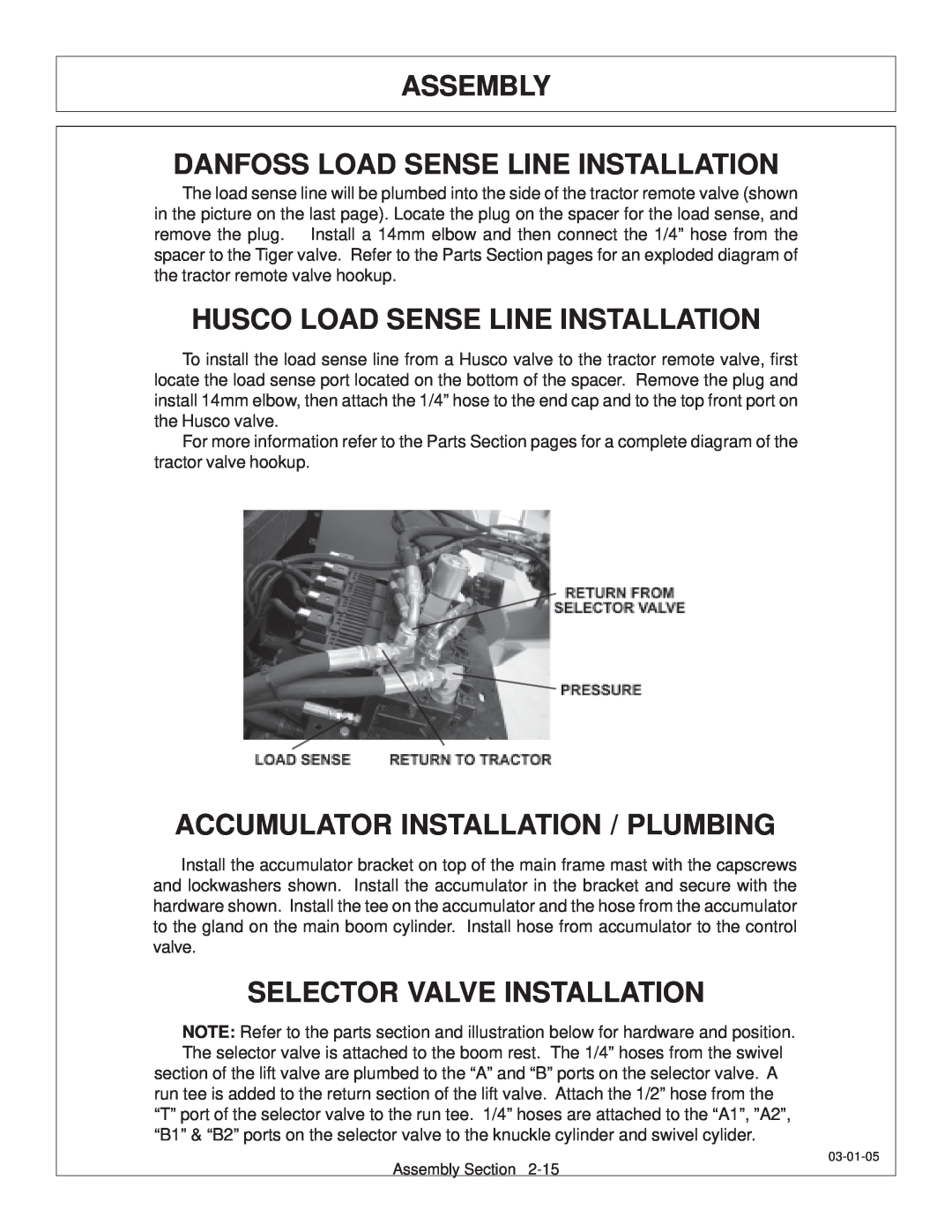 Tiger JD 62-6420 manual Assembly Danfoss Load Sense Line Installation, Husco Load Sense Line Installation 