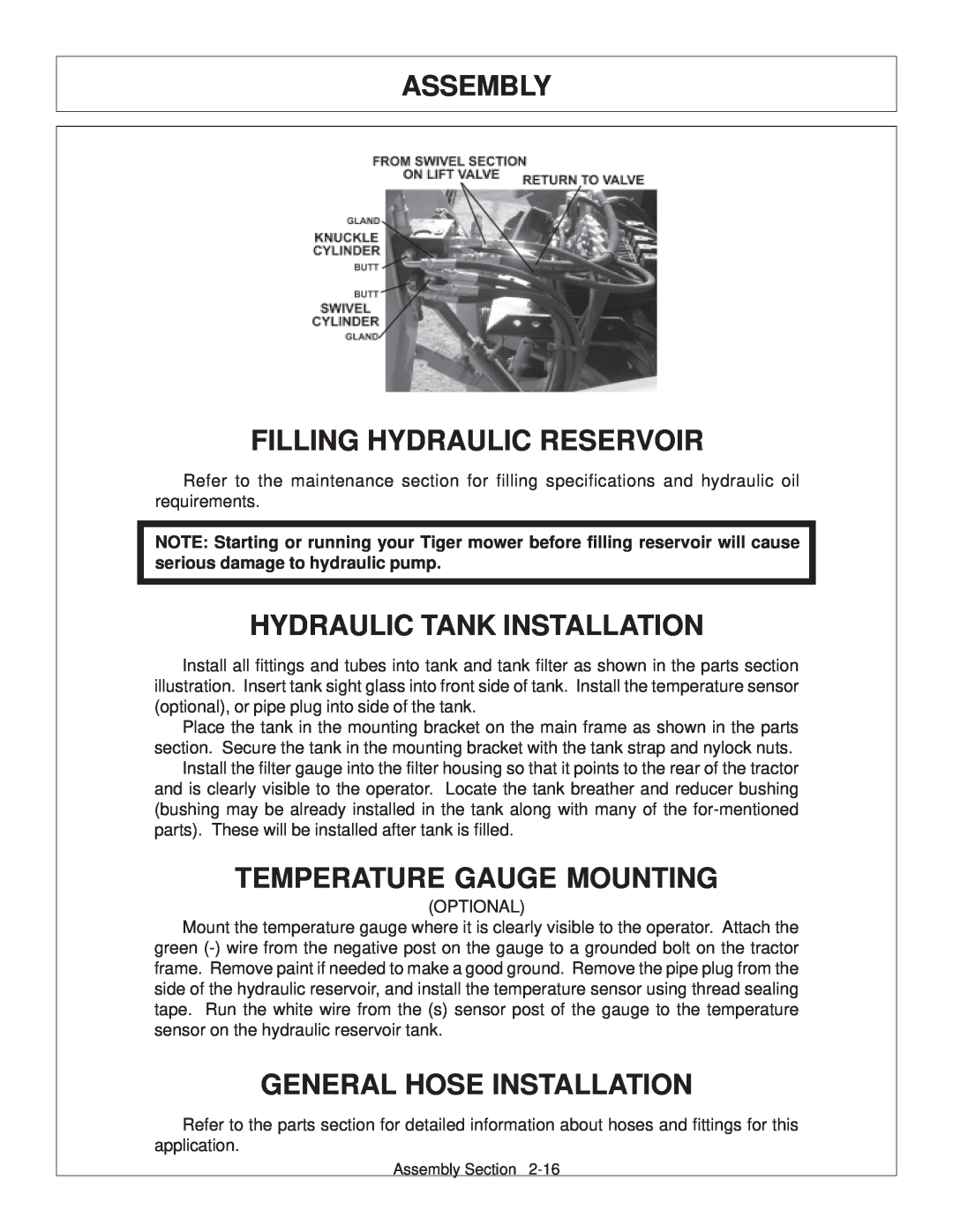 Tiger JD 62-6420 manual Filling Hydraulic Reservoir, Hydraulic Tank Installation, Temperature Gauge Mounting, Assembly 